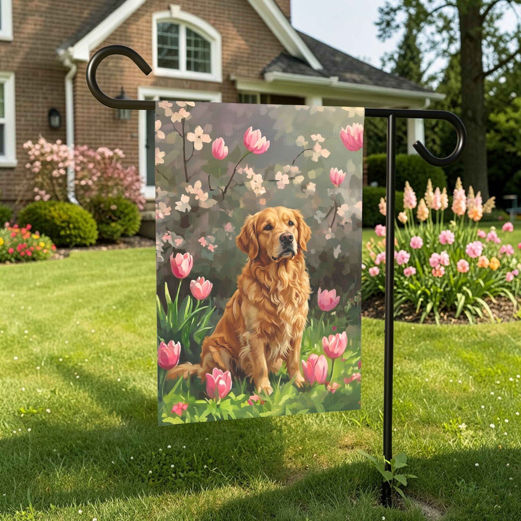 Pink Tulips and Golden Retriever Garden Flag