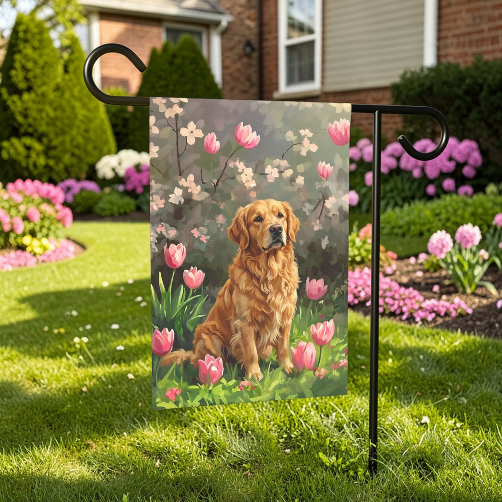 Pink Tulips and Golden Retriever Garden Flag