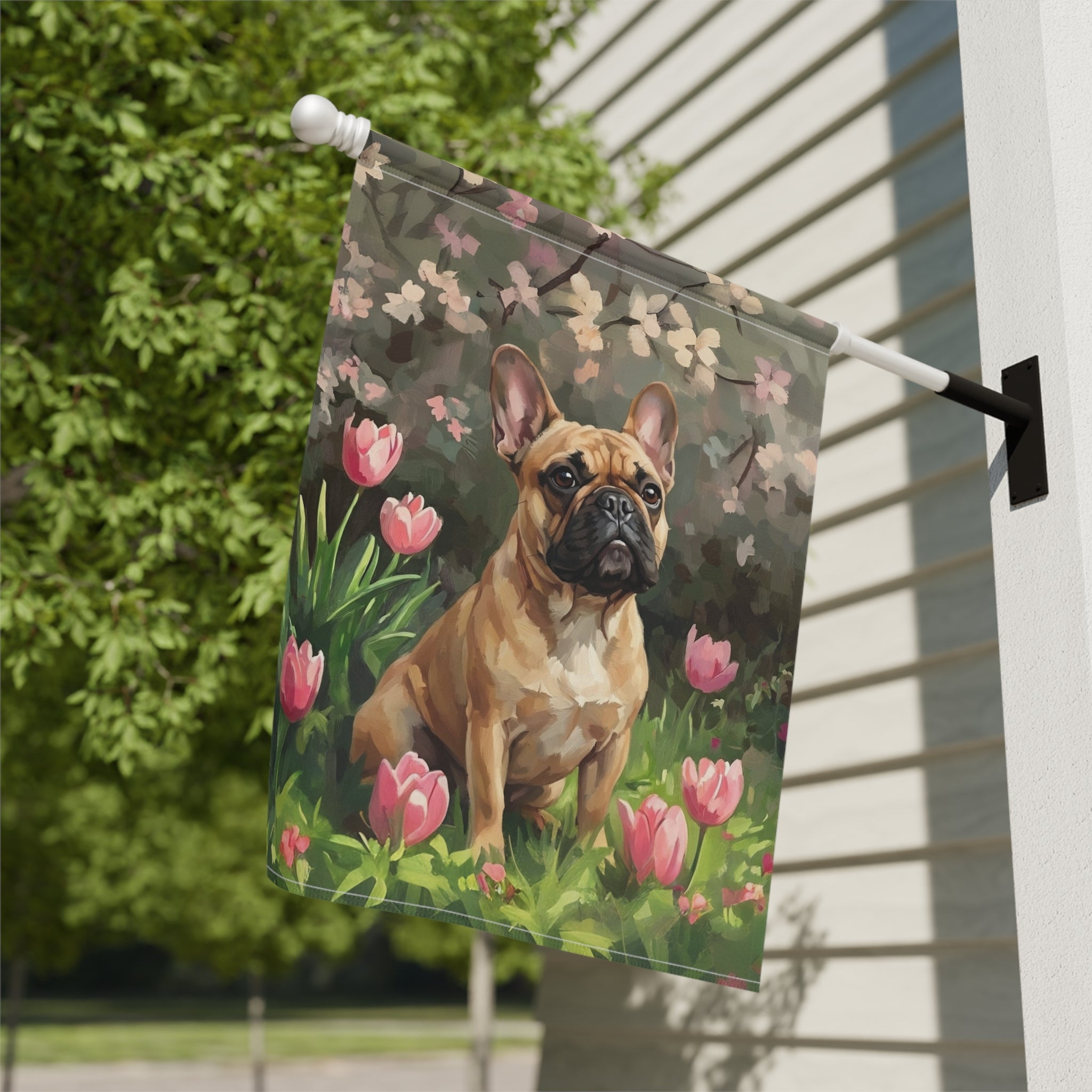 Pink Tulips and French Bulldog Garden Flag - close-up detail - Dragonfire Gardens