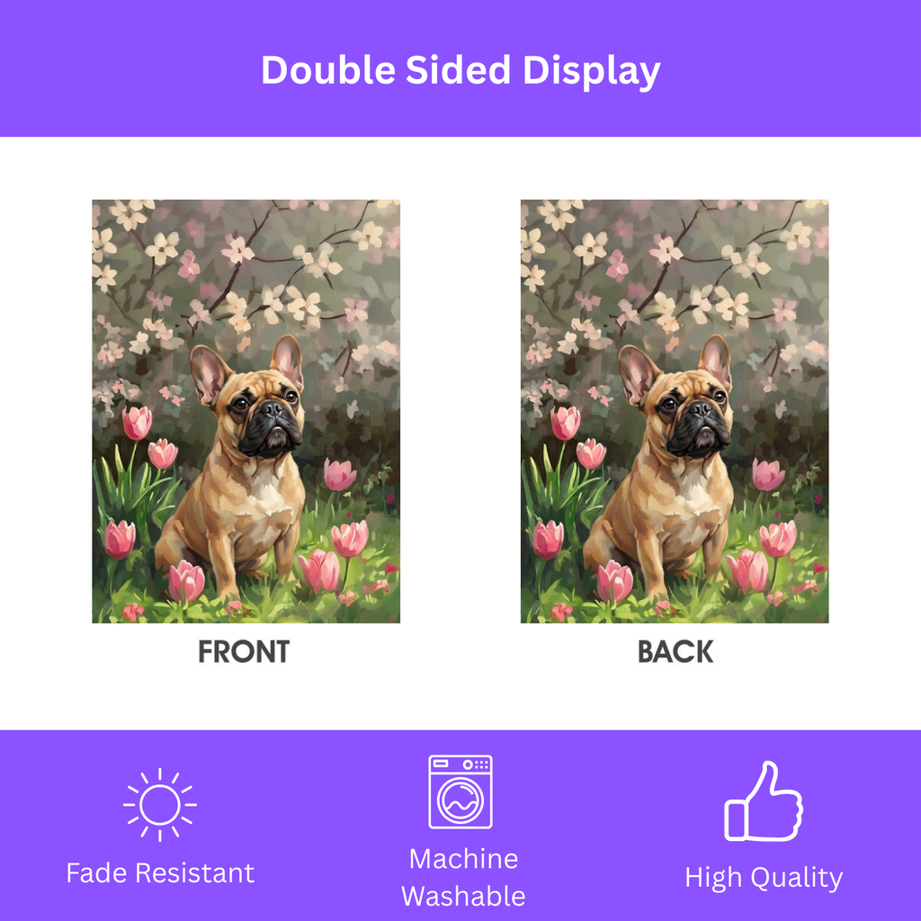 Pink Tulips and French Bulldog Garden Flag - double-sided design - Dragonfire Gardens