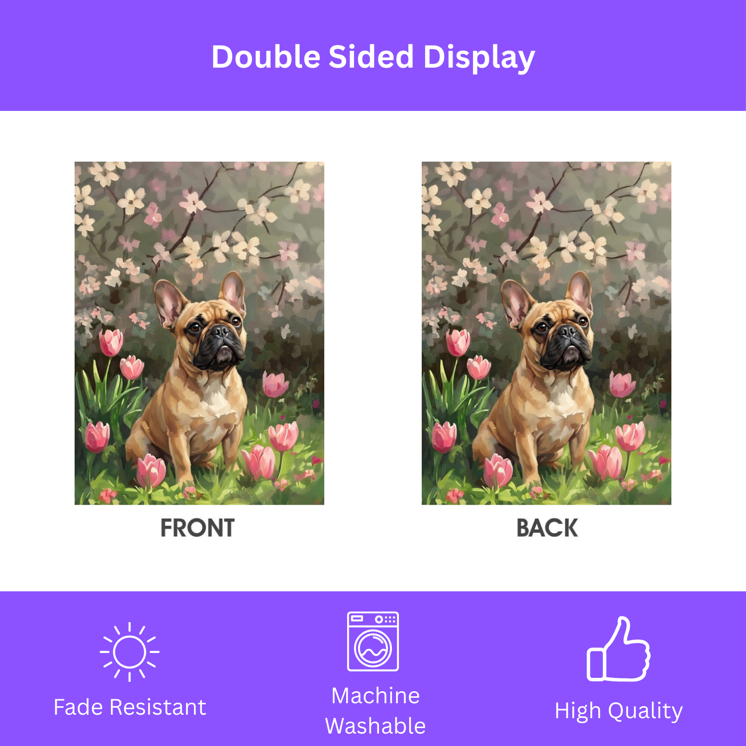 Pink Tulips and French Bulldog Garden Flag - double-sided design - Dragonfire Gardens
