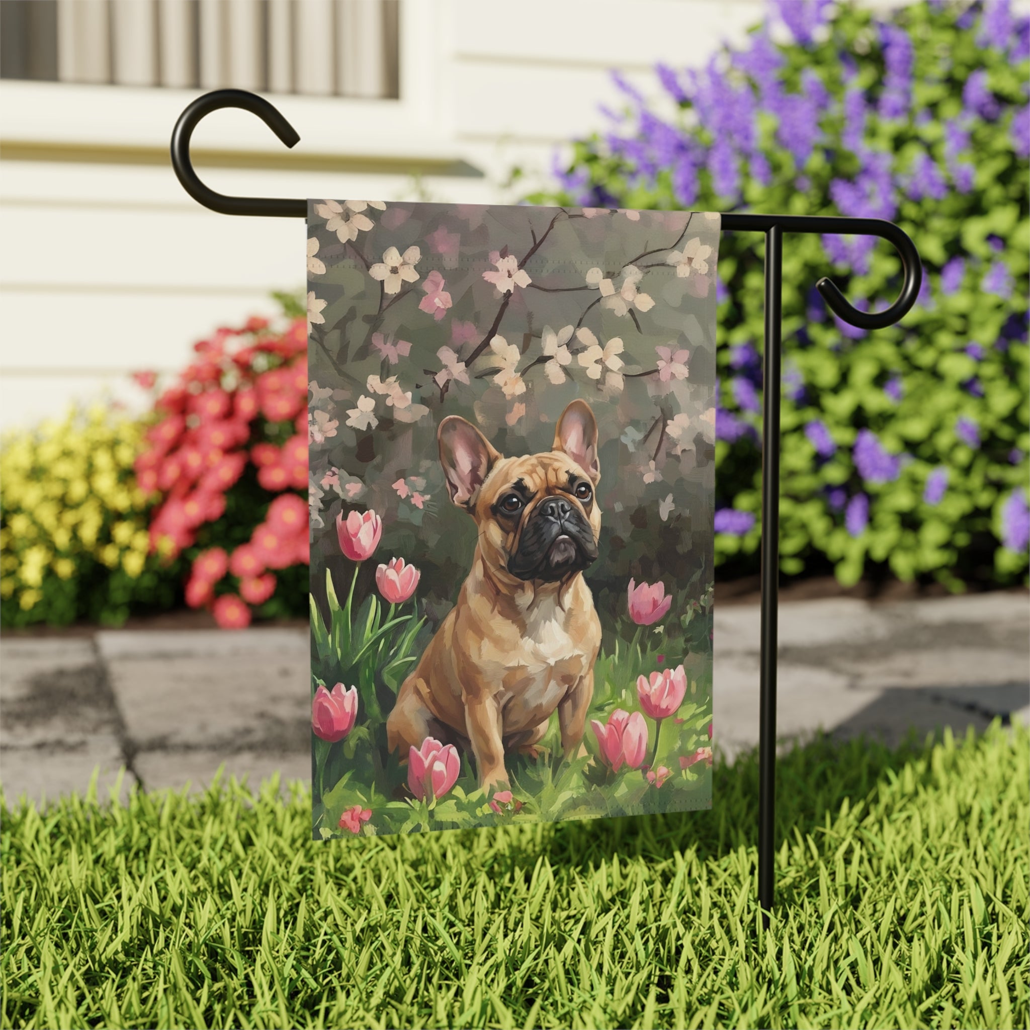 Pink Tulips and French Bulldog Garden Flag - outdoor display - Dragonfire Gardens