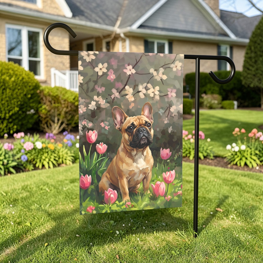 Pink Tulips and French Bulldog Garden Flag - size comparison - Dragonfire Gardens