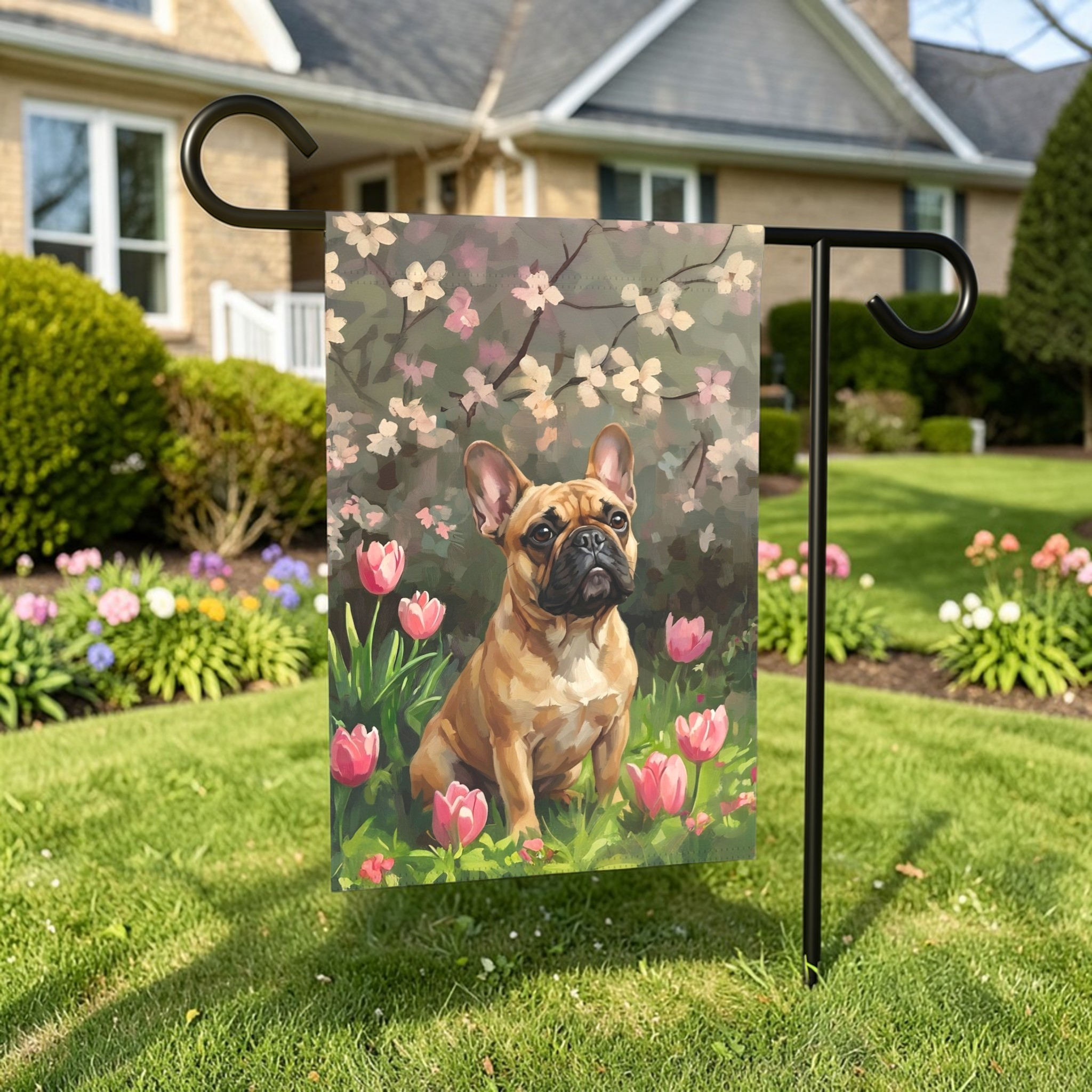 Pink Tulips and French Bulldog Garden Flag - size comparison - Dragonfire Gardens