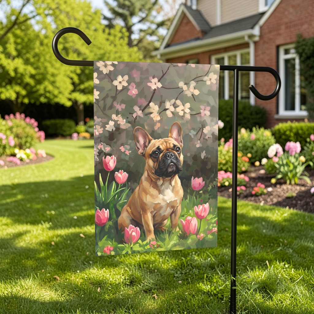 Pink Tulips and French Bulldog Garden Flag - lifestyle display - Dragonfire Gardens