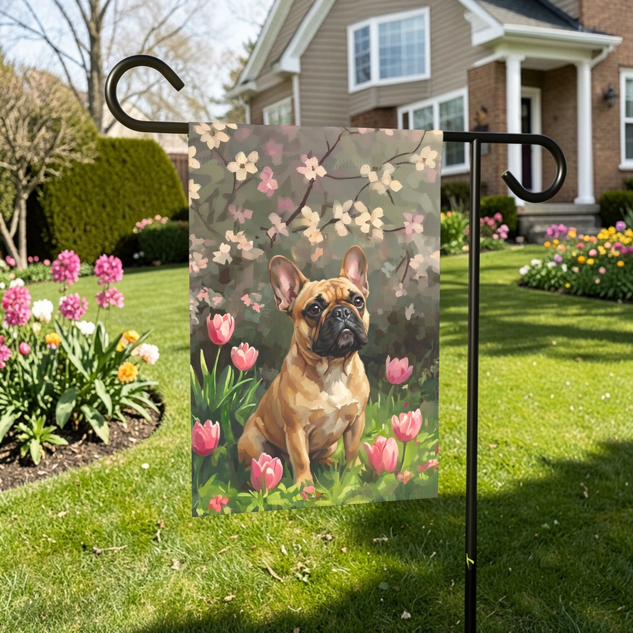 Pink Tulips and French Bulldog Garden Flag - front view - Dragonfire Gardens