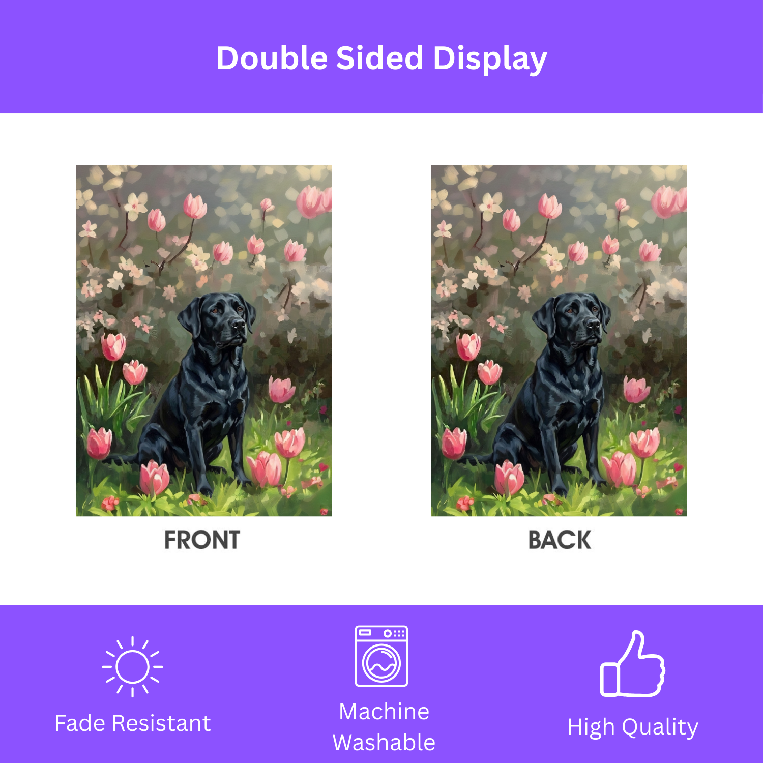 Pink Tulips and Black Labrador Retriever Garden Flag - double-sided design - Dragonfire Gardens