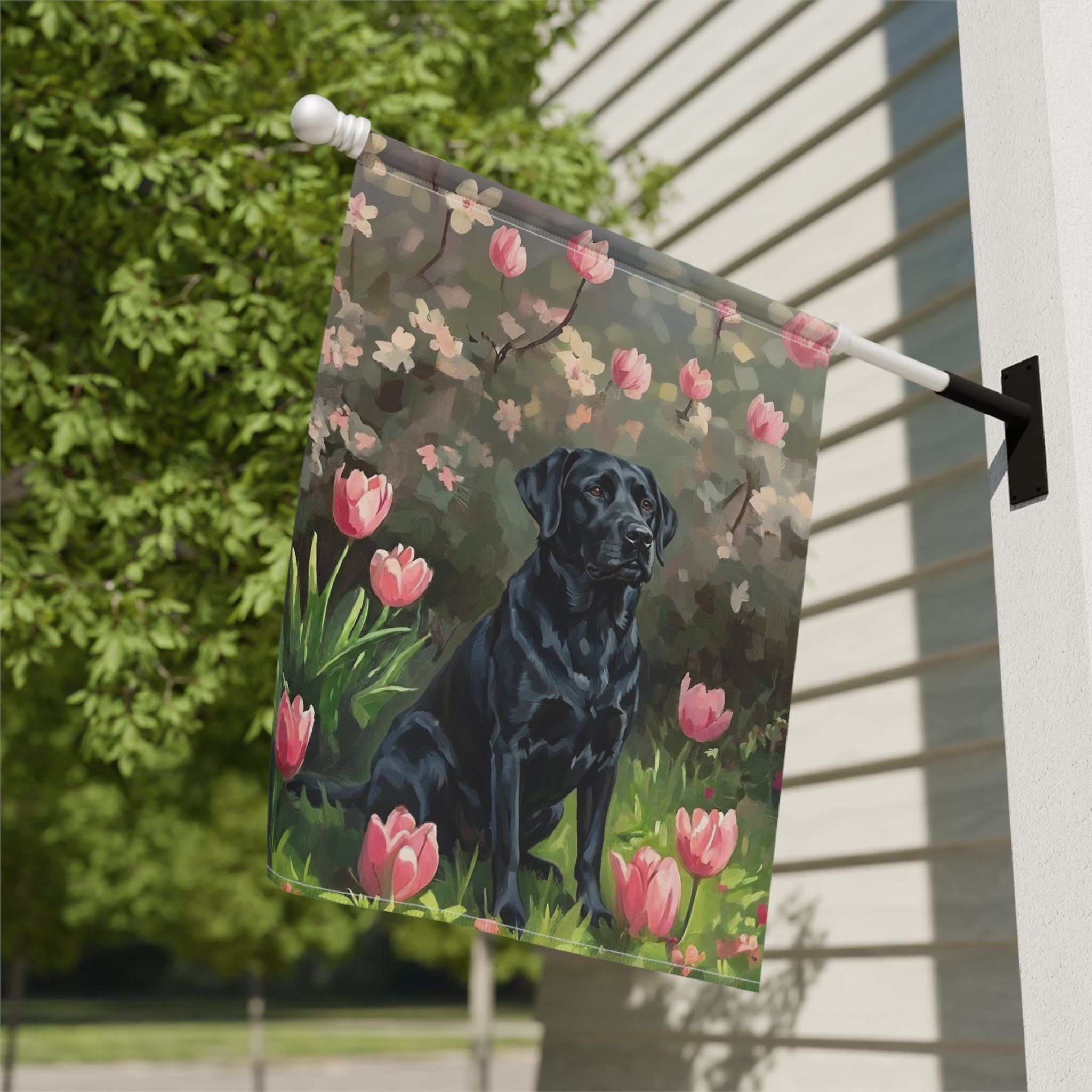 Pink Tulips and Black Labrador Retriever Garden Flag - close-up detail - Dragonfire Gardens