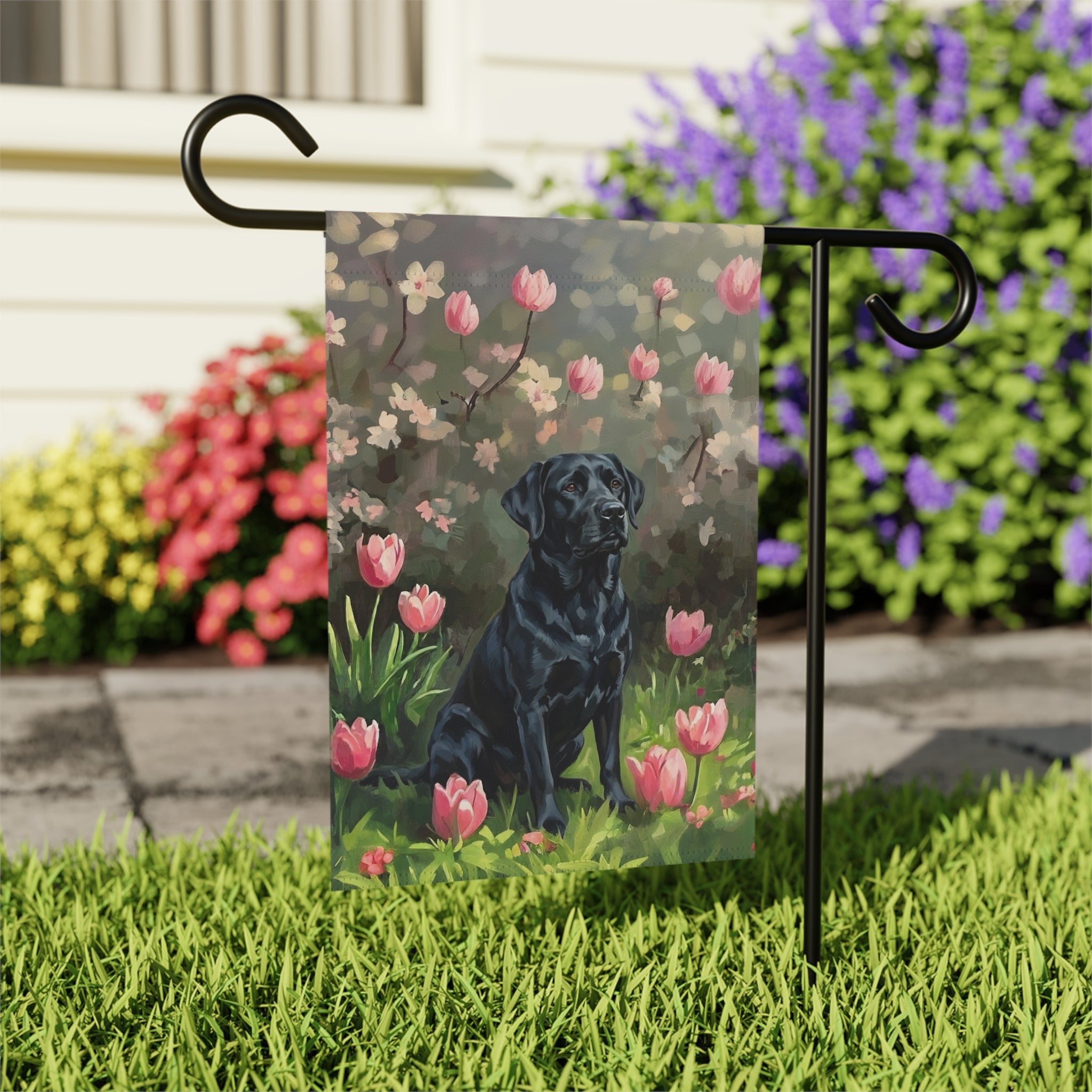 Pink Tulips and Black Labrador Retriever Garden Flag - outdoor display - Dragonfire Gardens