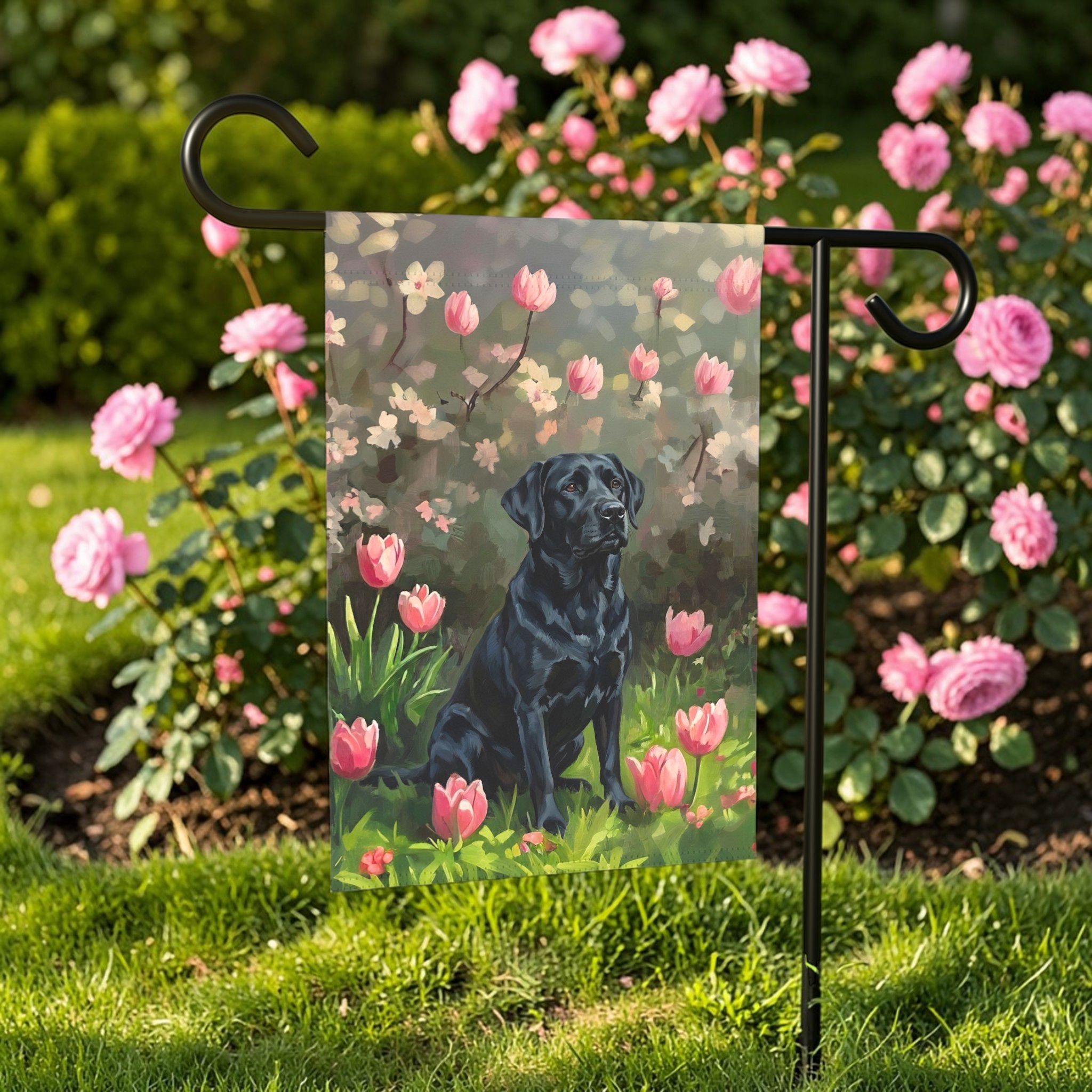 Pink Tulips and Black Labrador Retriever Garden Flag - size comparison - Dragonfire Gardens