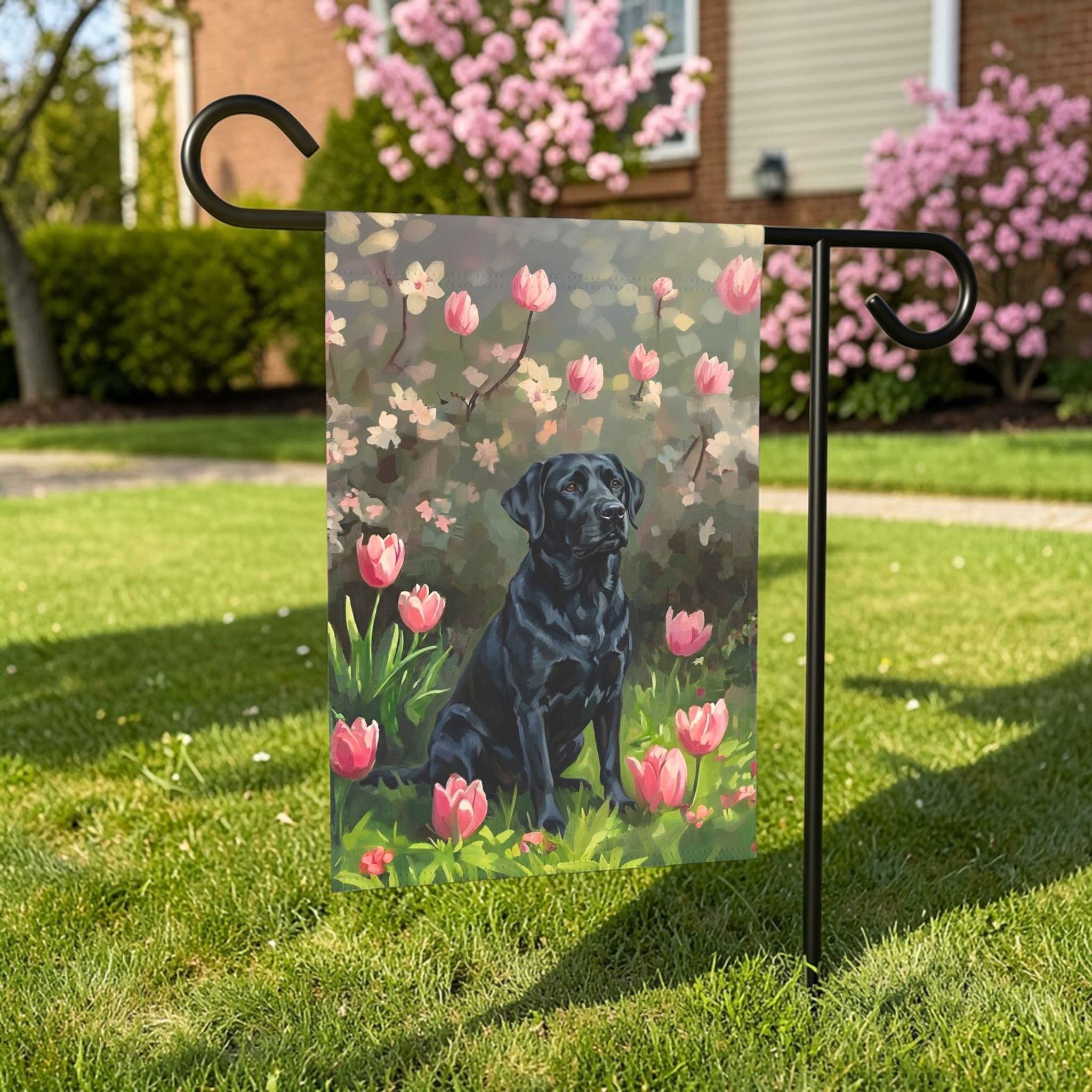 Pink Tulips and Black Labrador Retriever Garden Flag - front view - Dragonfire Gardens