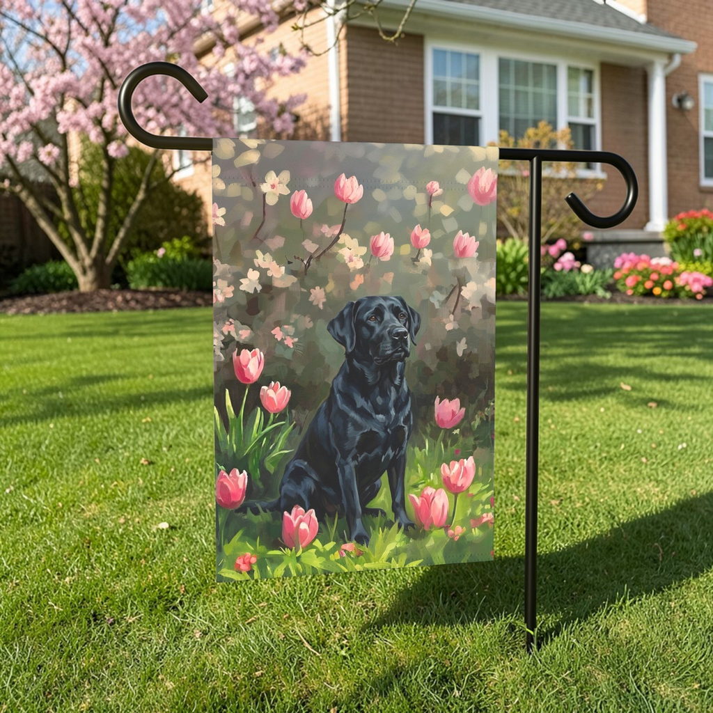 Pink Tulips and Black Labrador Retriever Garden Flag - lifestyle display - Dragonfire Gardens