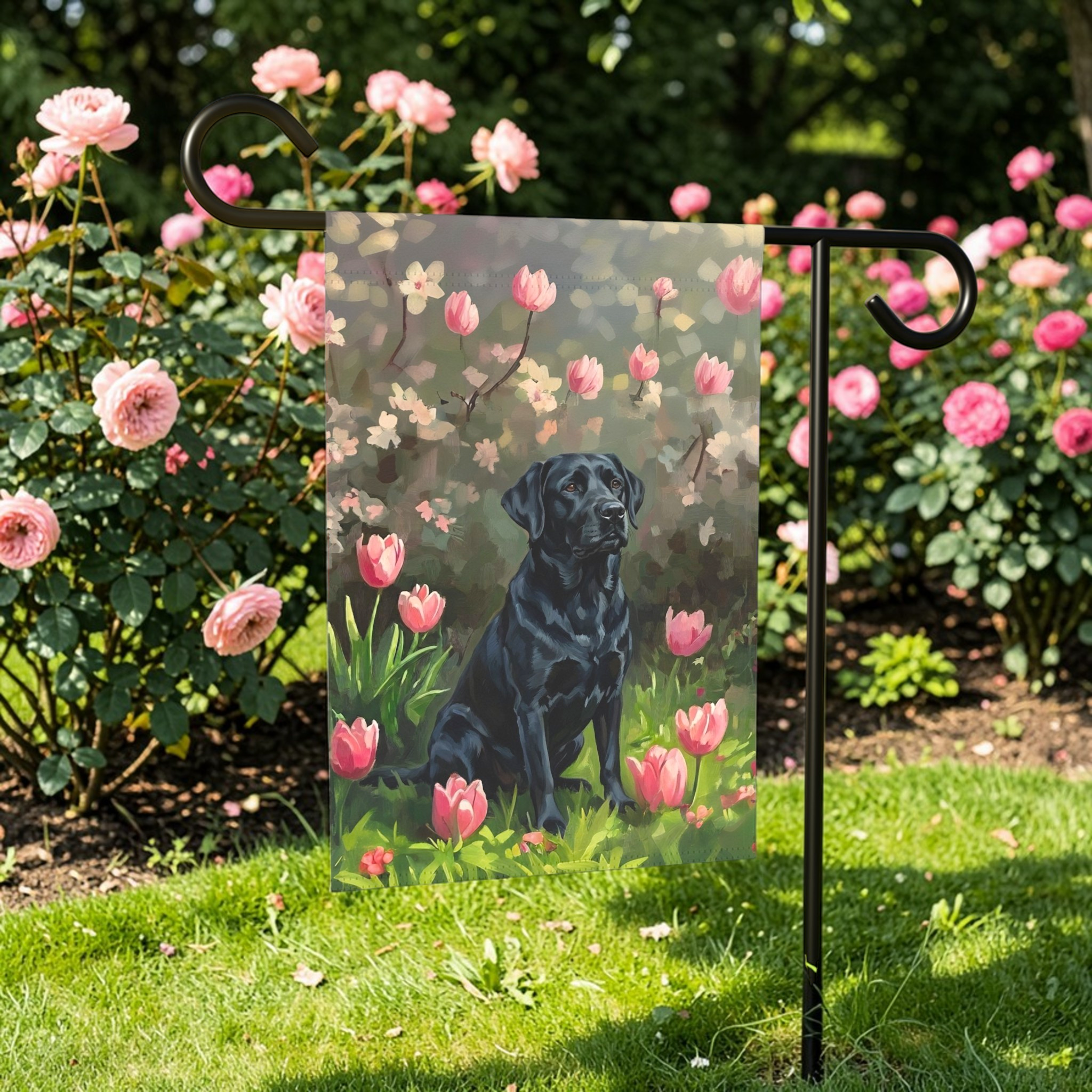 Pink Tulips and Black Labrador Retriever Garden Flag - product detail - Dragonfire Gardens