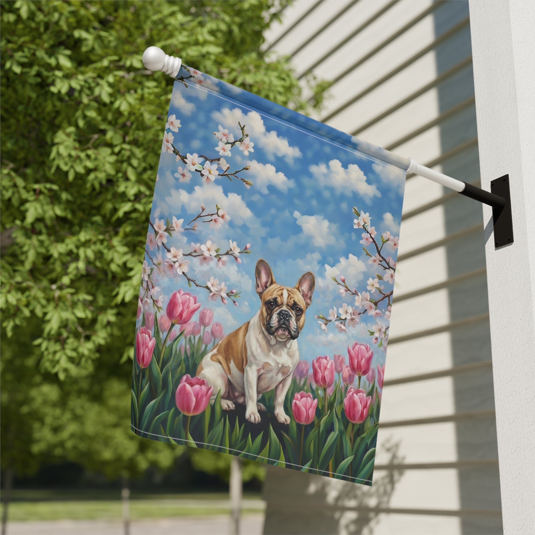Pink Tulips French Bulldog Spring Garden Flag