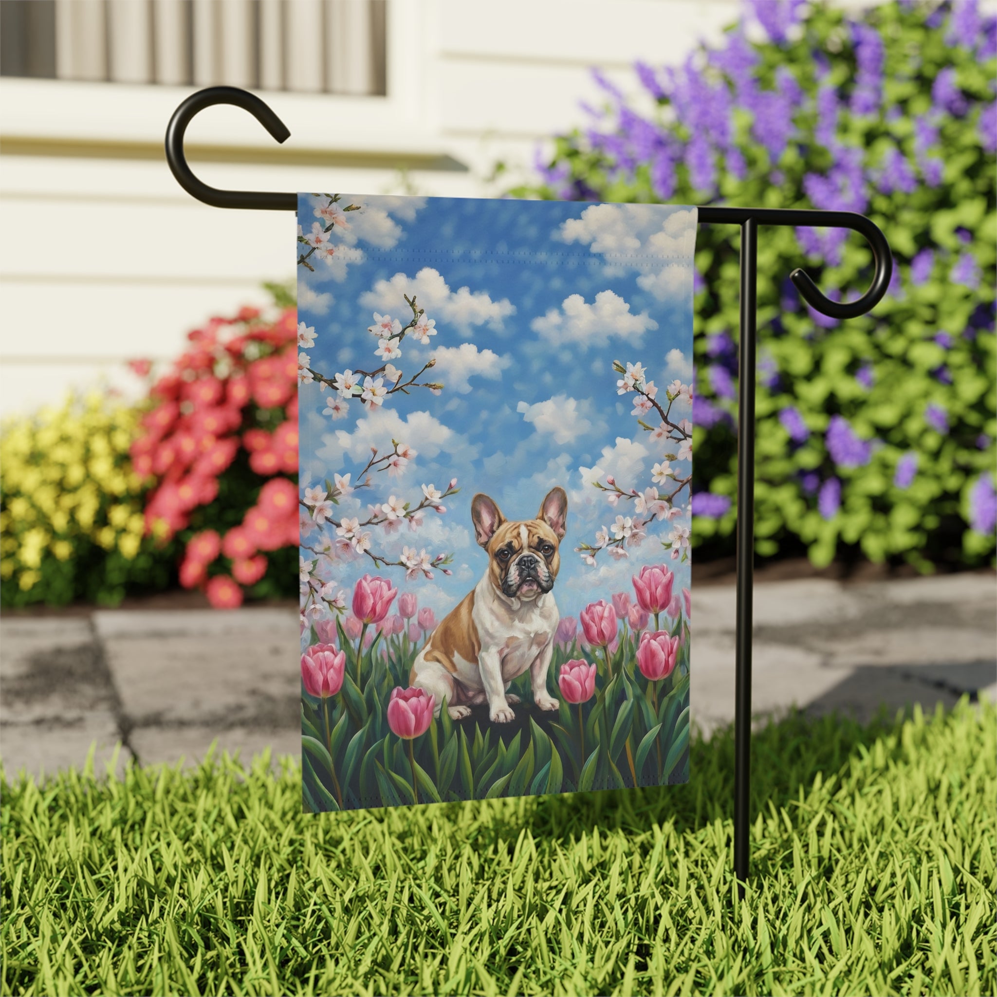 Pink Tulips French Bulldog Spring Garden Flag