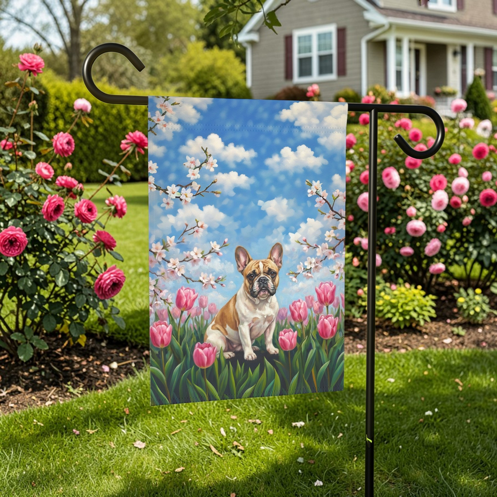 Pink Tulips French Bulldog Spring Garden Flag