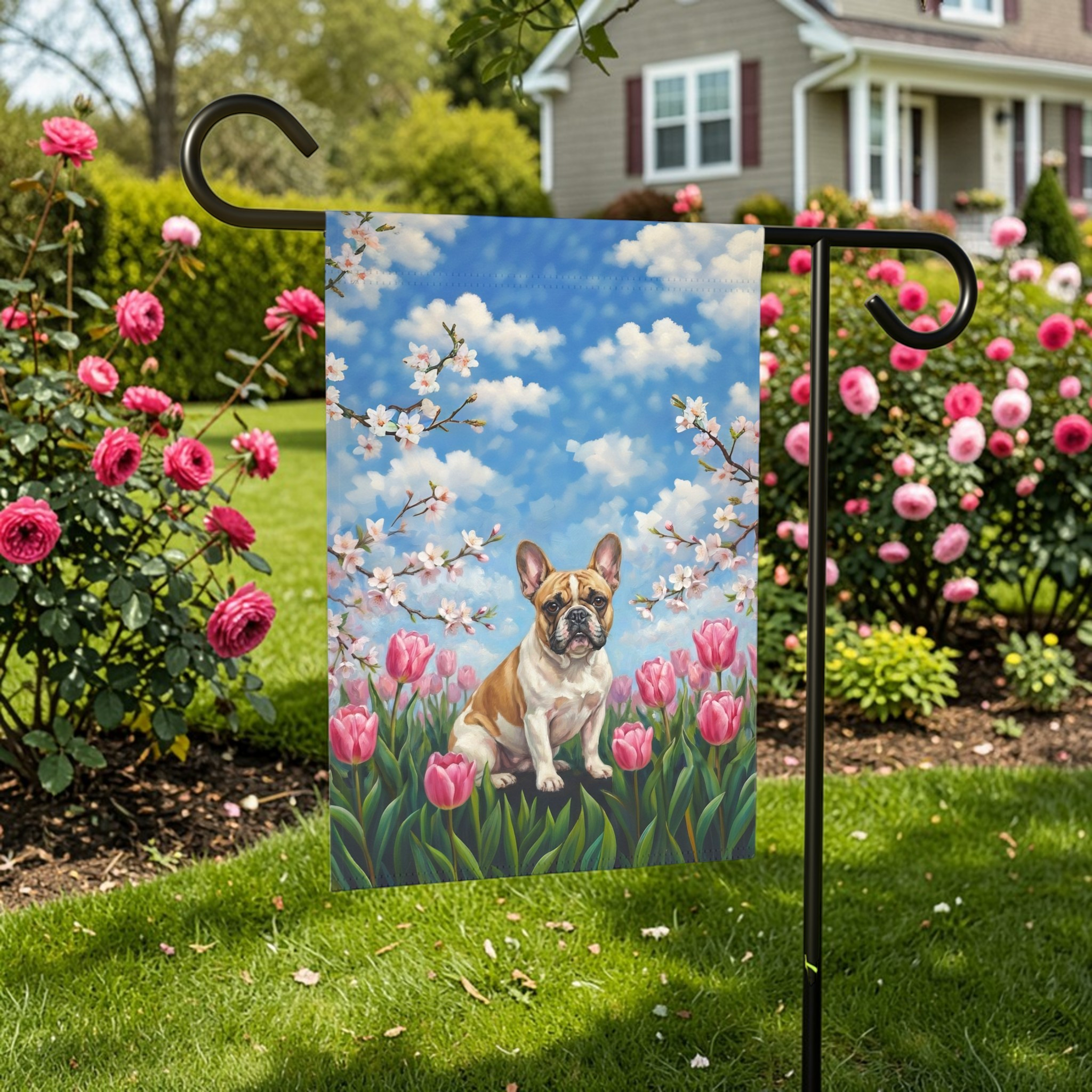 Pink Tulips French Bulldog Spring Garden Flag