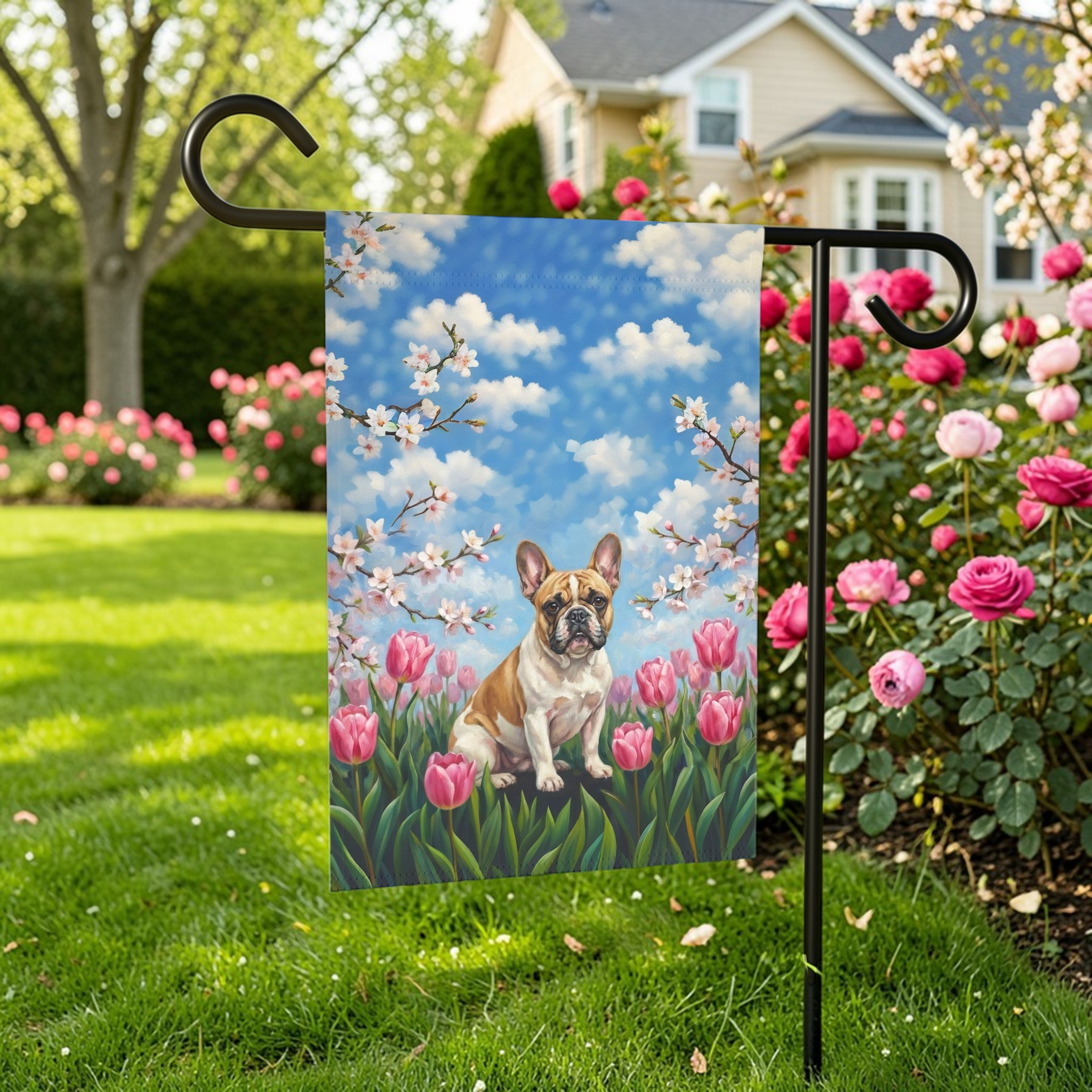 Pink Tulips French Bulldog Spring Garden Flag