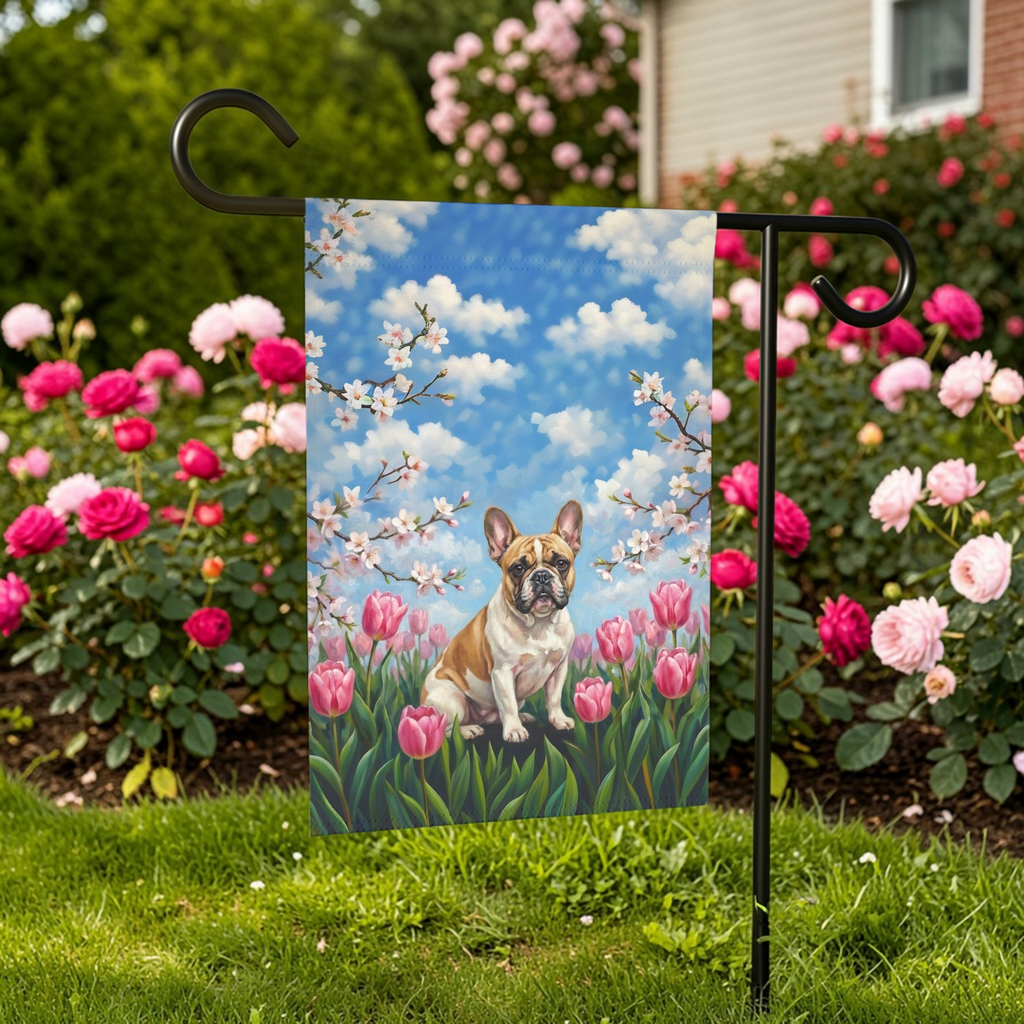 Pink Tulips French Bulldog Spring Garden Flag