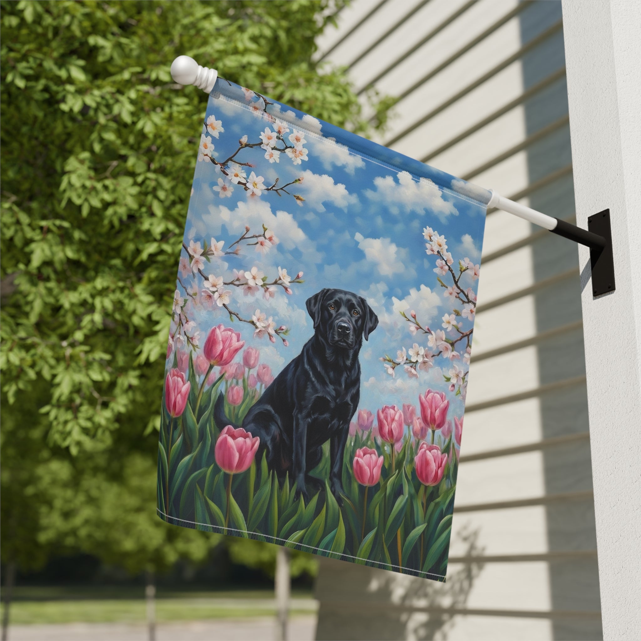 Pink Tulips Black Labrador Retriever Spring Garden Flag