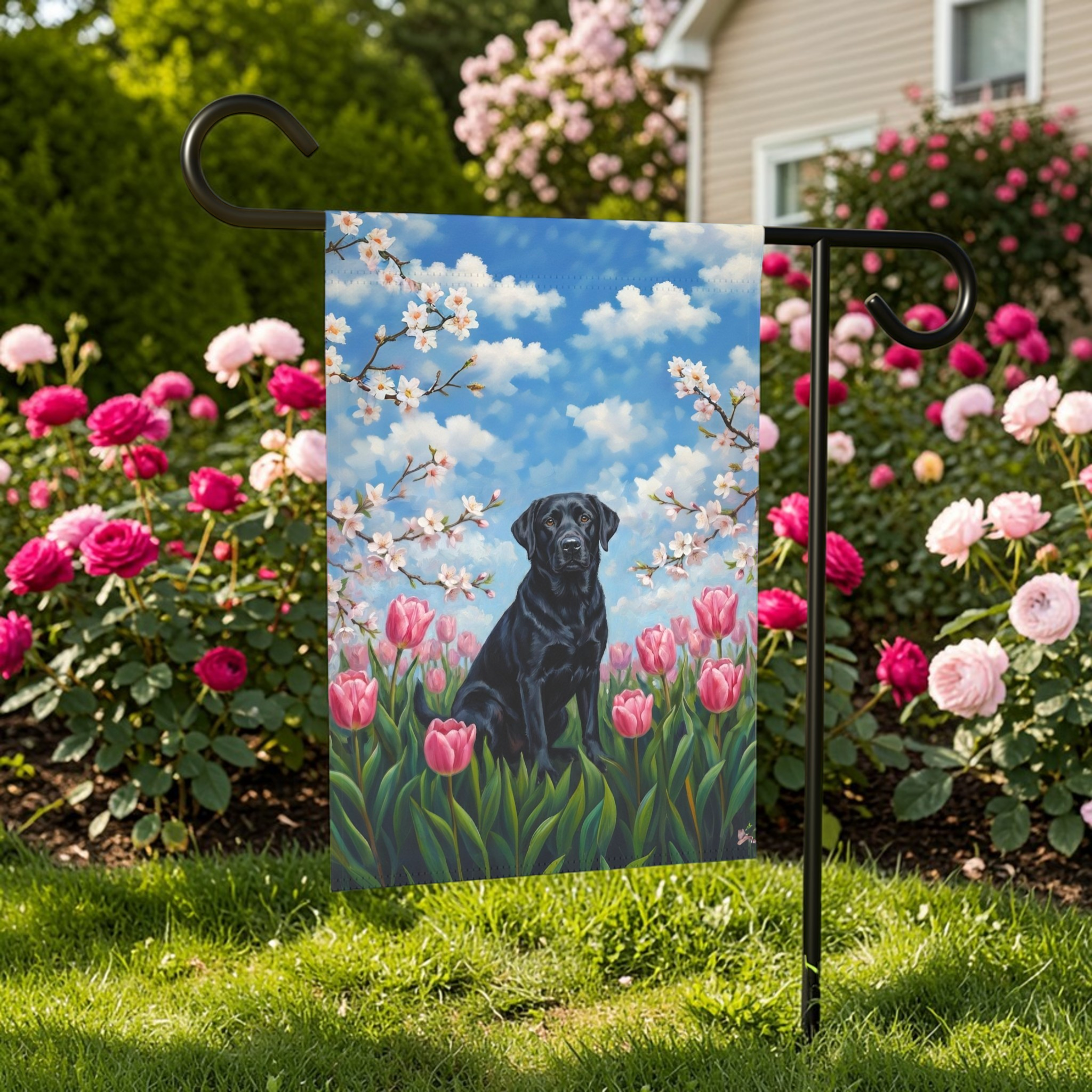 Pink Tulips Black Labrador Retriever Spring Garden Flag