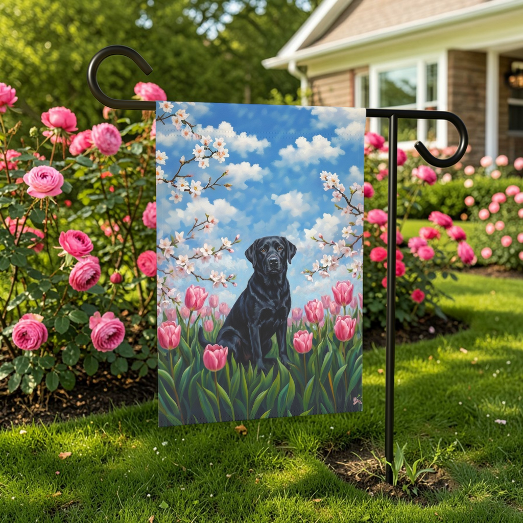 Pink Tulips Black Labrador Retriever Spring Garden Flag