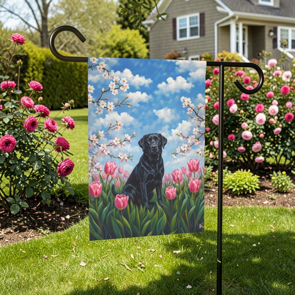Pink Tulips Black Labrador Retriever Spring Garden Flag