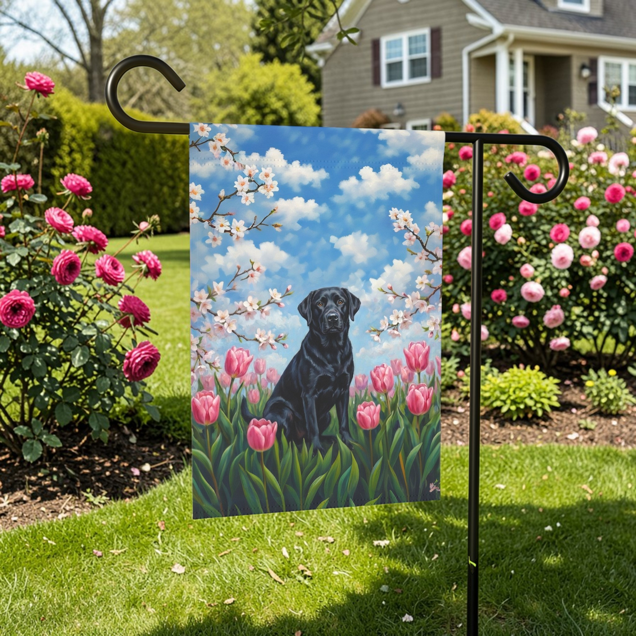 Pink Tulips Black Labrador Retriever Spring Garden Flag