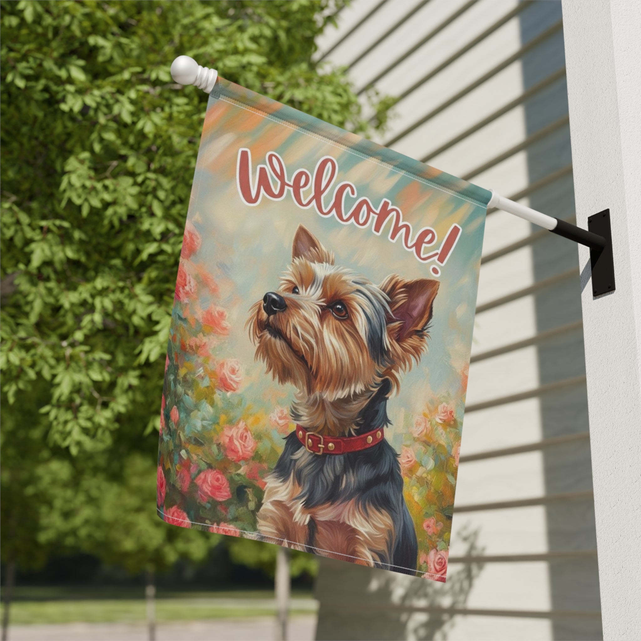 Pink Flowers Yorkshire Terrier Welcome Garden Flag - close-up detail - Dragonfire Gardens