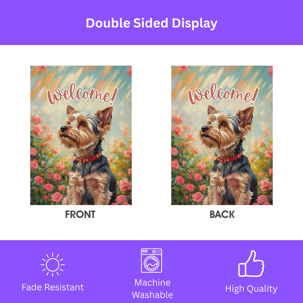 Pink Flowers Yorkshire Terrier Welcome Garden Flag - double-sided design - Dragonfire Gardens