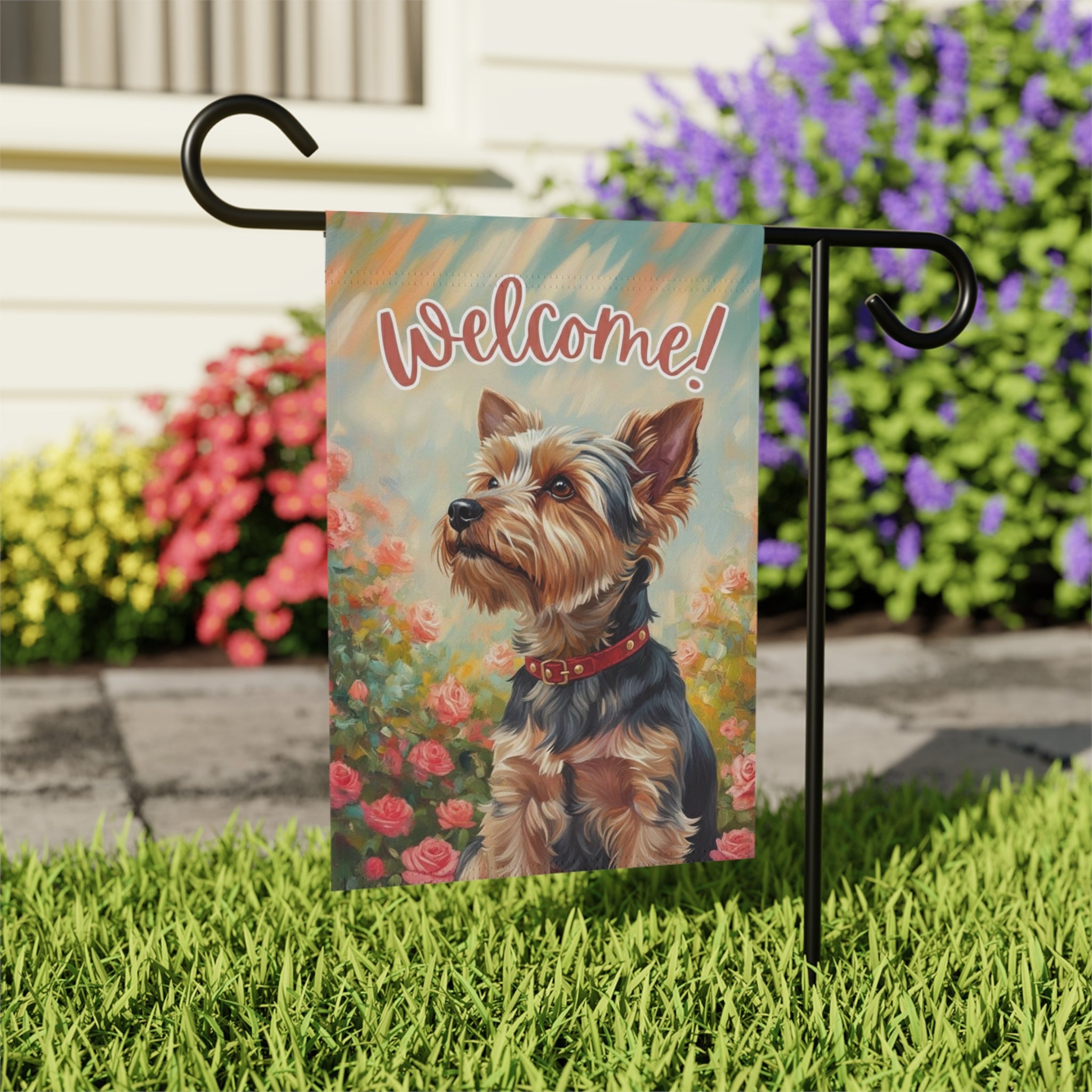 Pink Flowers Yorkshire Terrier Welcome Garden Flag - outdoor display - Dragonfire Gardens