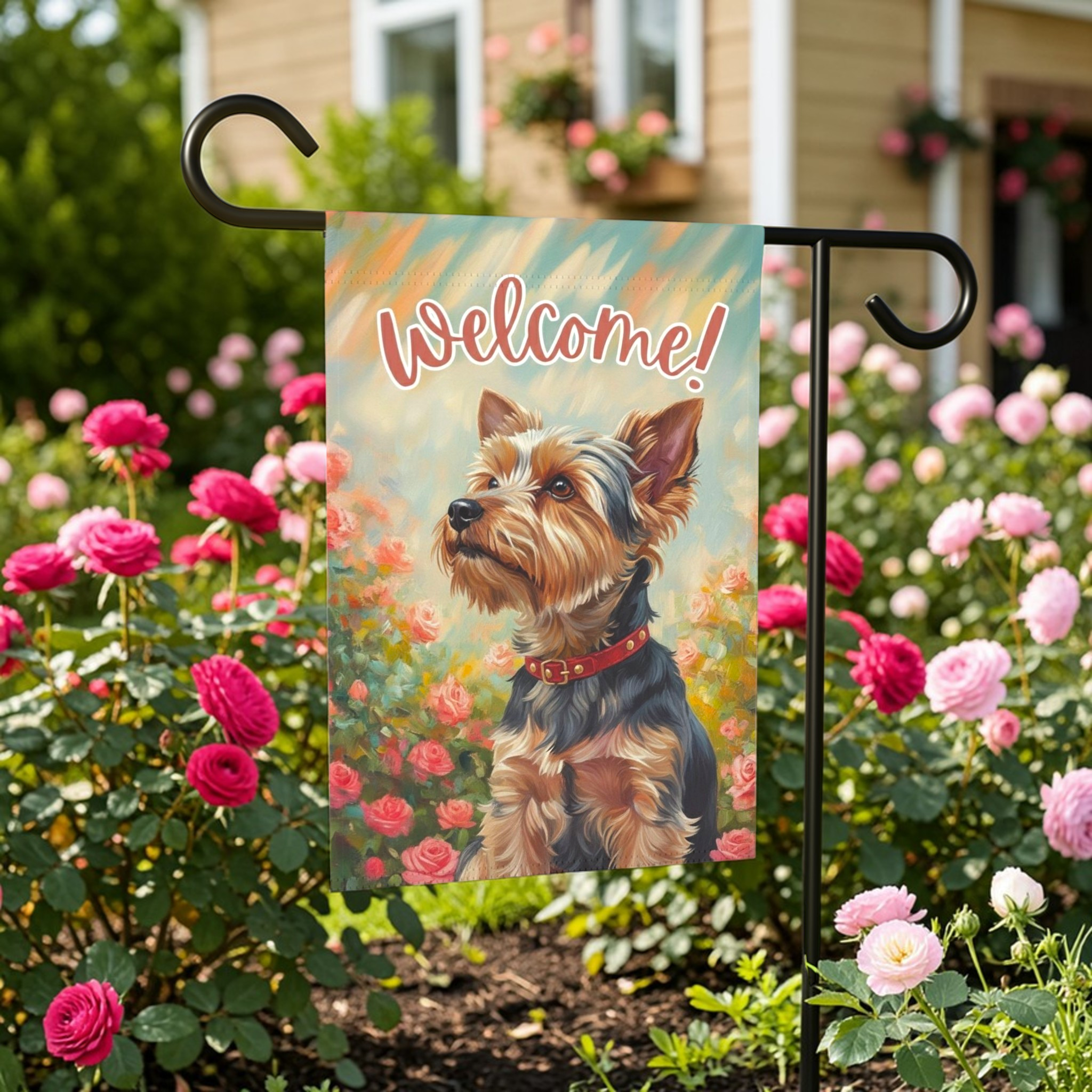 Pink Flowers Yorkshire Terrier Welcome Garden Flag - size comparison - Dragonfire Gardens
