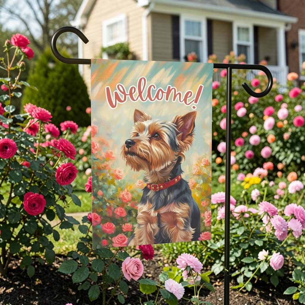 Pink Flowers Yorkshire Terrier Welcome Garden Flag - lifestyle display - Dragonfire Gardens
