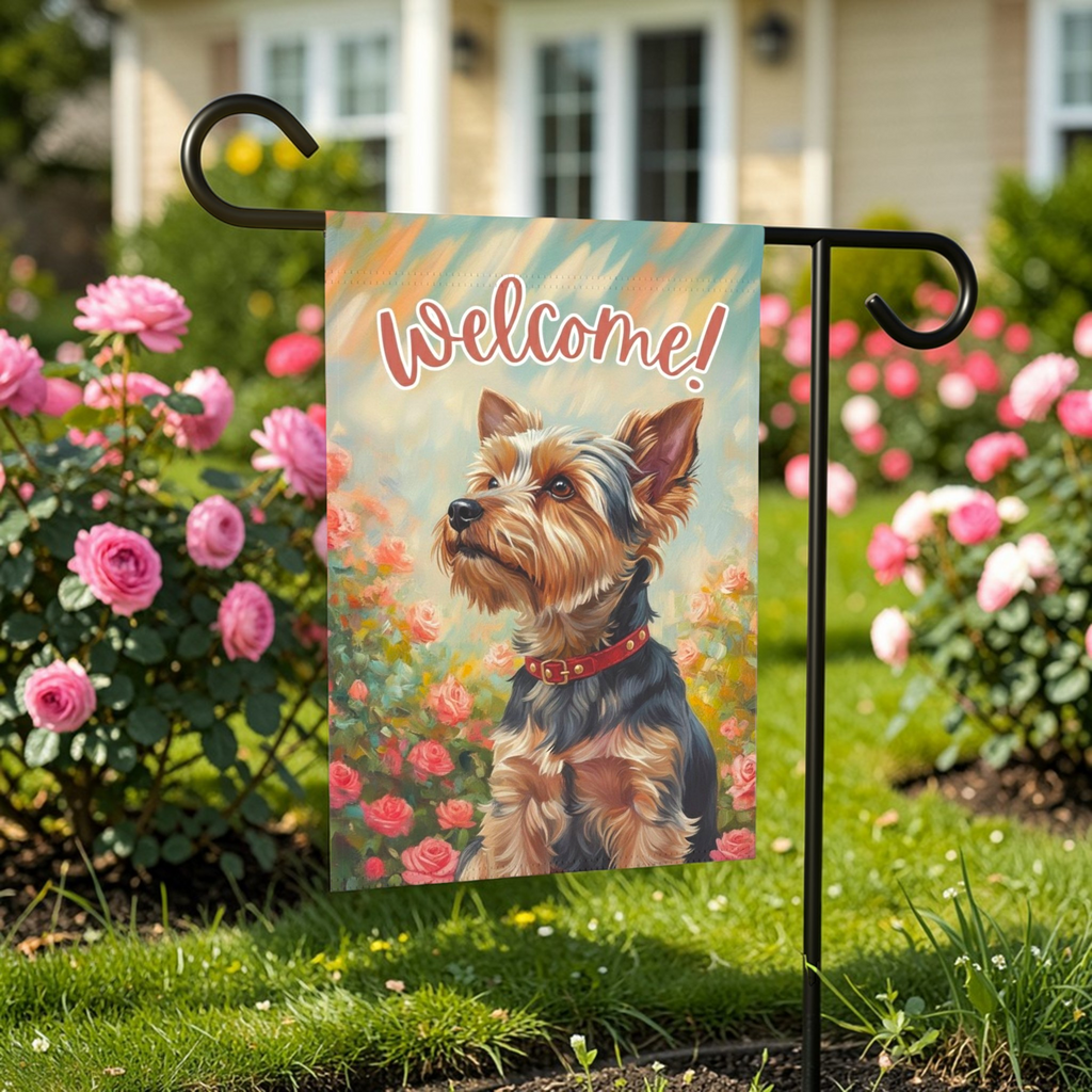 Pink Flowers Yorkshire Terrier Welcome Garden Flag - front view - Dragonfire Gardens