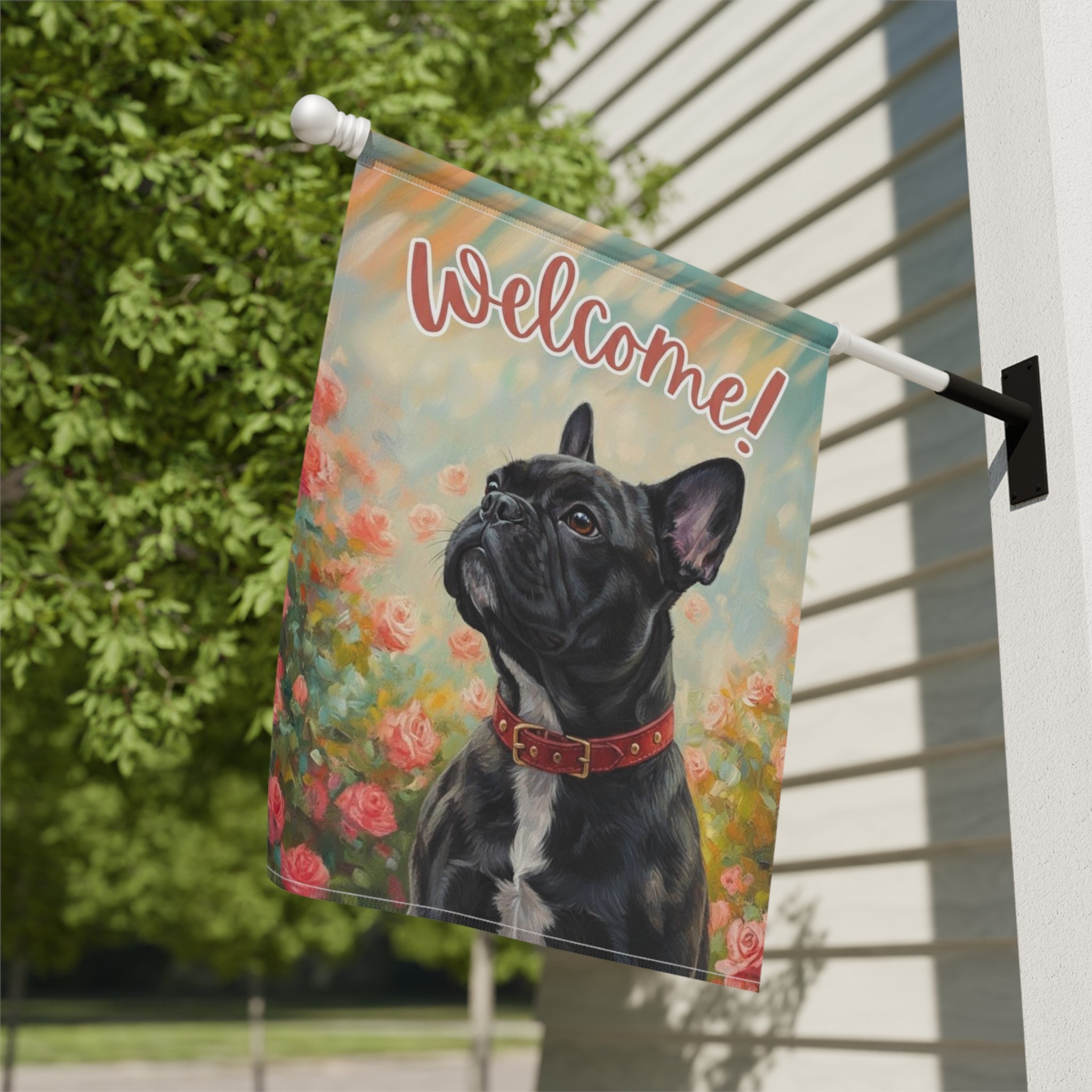 Pink Flower Black and White French Bulldog Welcome Garden Flag - close-up detail - Dragonfire Gardens