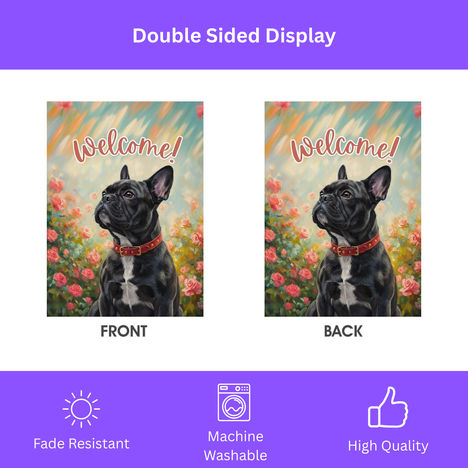 Pink Flower Black and White French Bulldog Welcome Garden Flag - double-sided design - Dragonfire Gardens