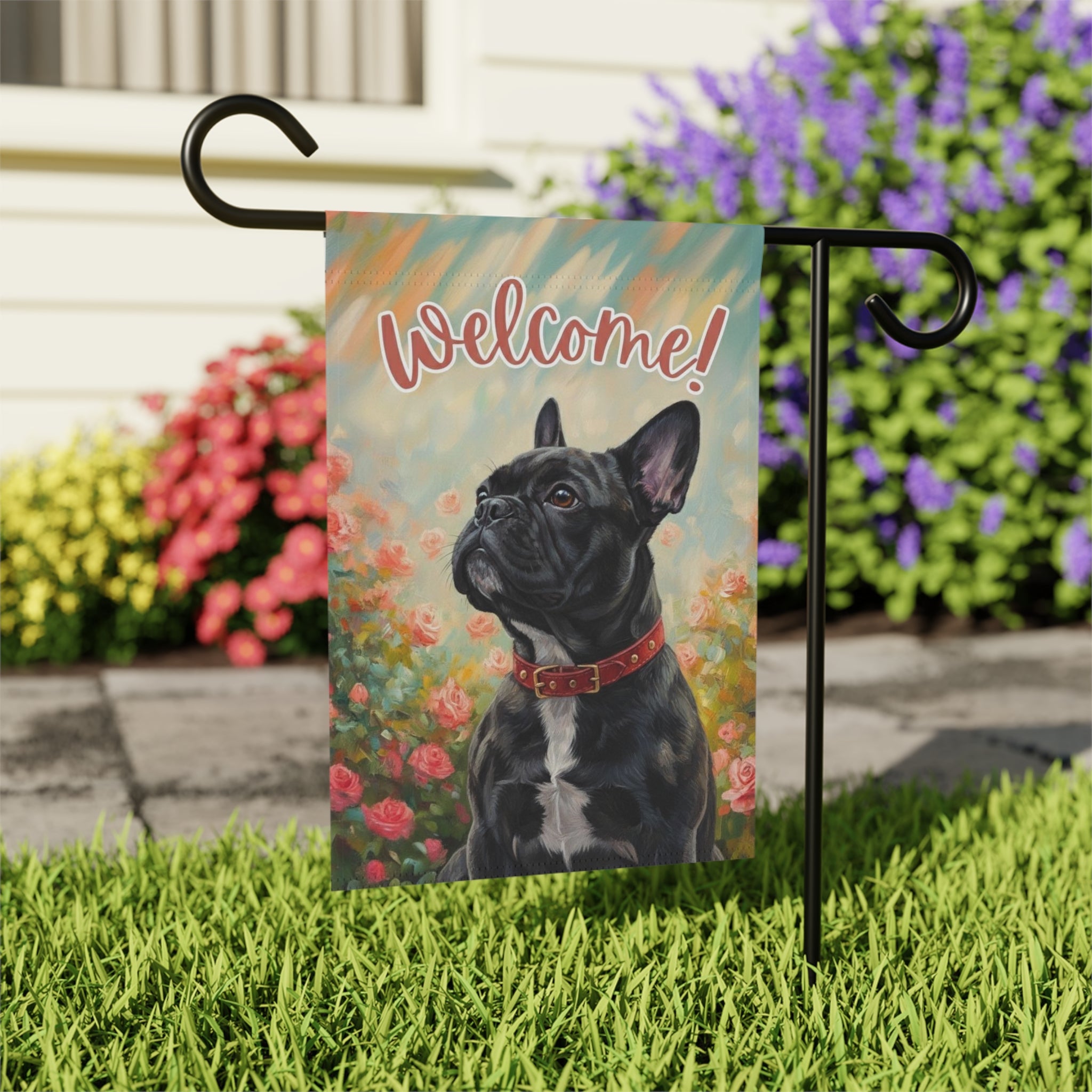 Pink Flower Black and White French Bulldog Welcome Garden Flag - outdoor display - Dragonfire Gardens