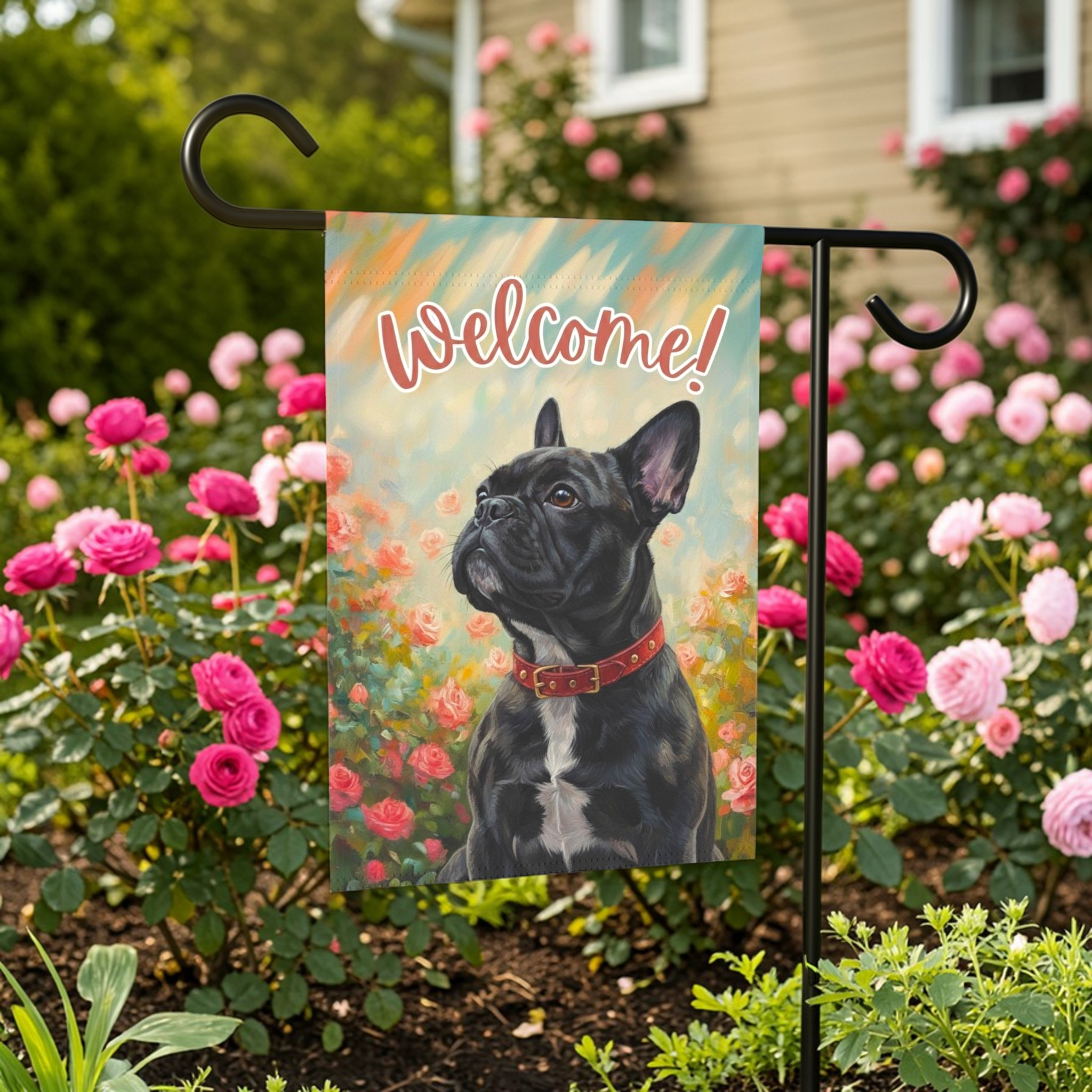 Pink Flower Black and White French Bulldog Welcome Garden Flag - size comparison - Dragonfire Gardens
