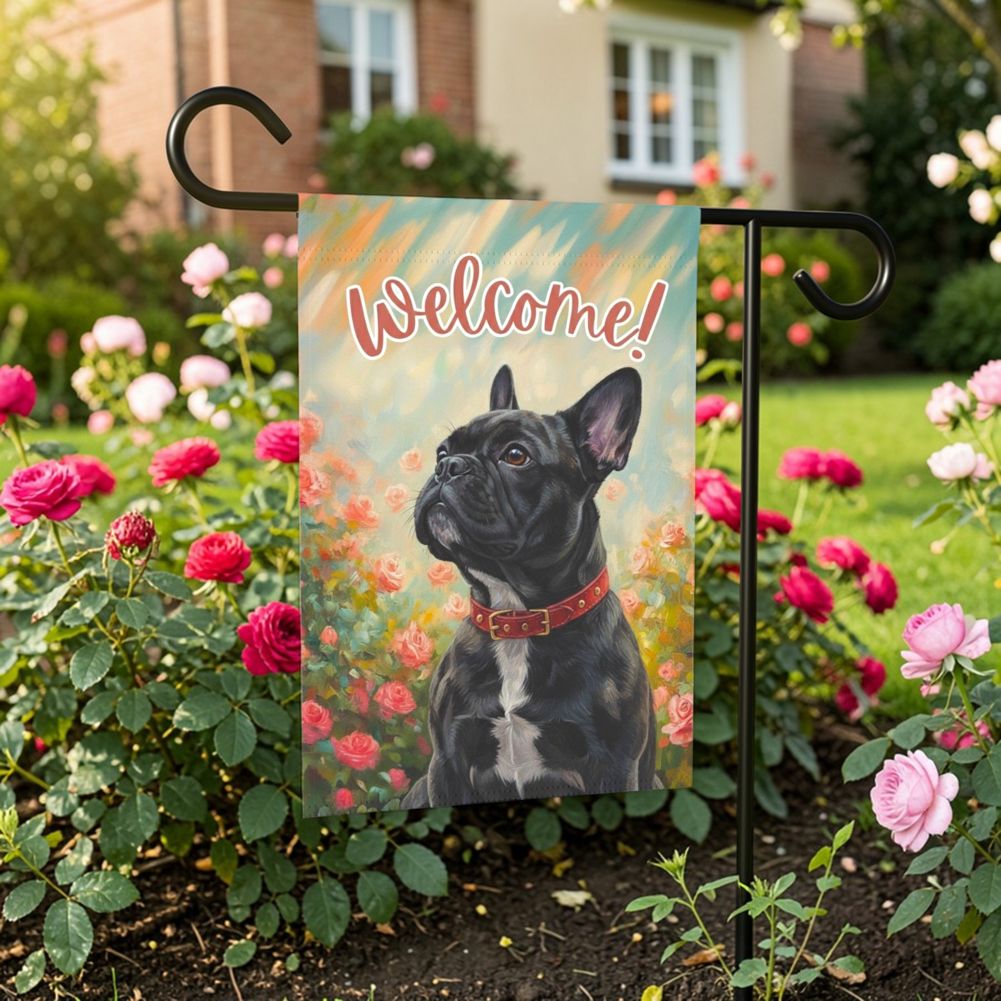 Pink Flower Black and White French Bulldog Welcome Garden Flag - front view - Dragonfire Gardens