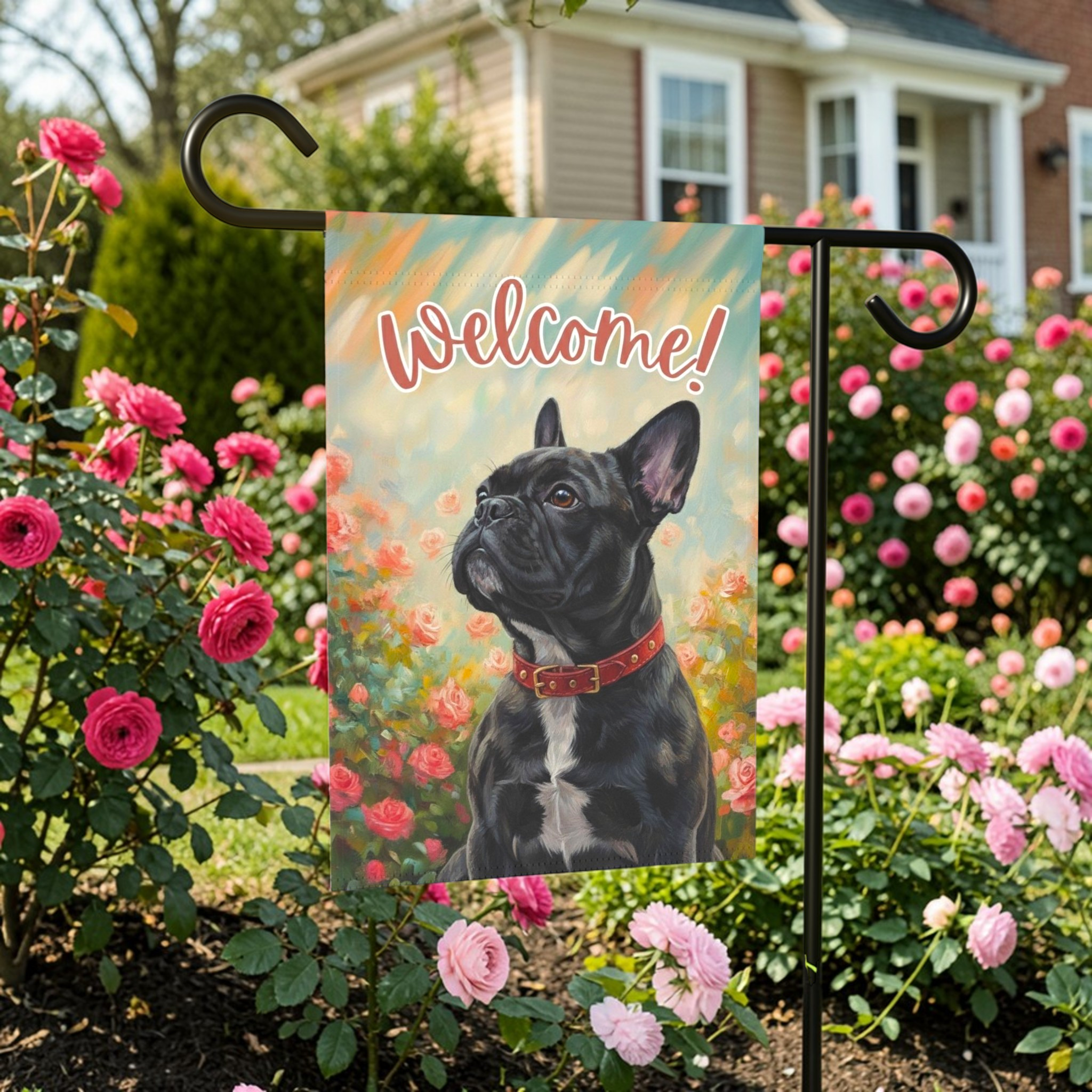 Pink Flower Black and White French Bulldog Welcome Garden Flag - lifestyle display - Dragonfire Gardens