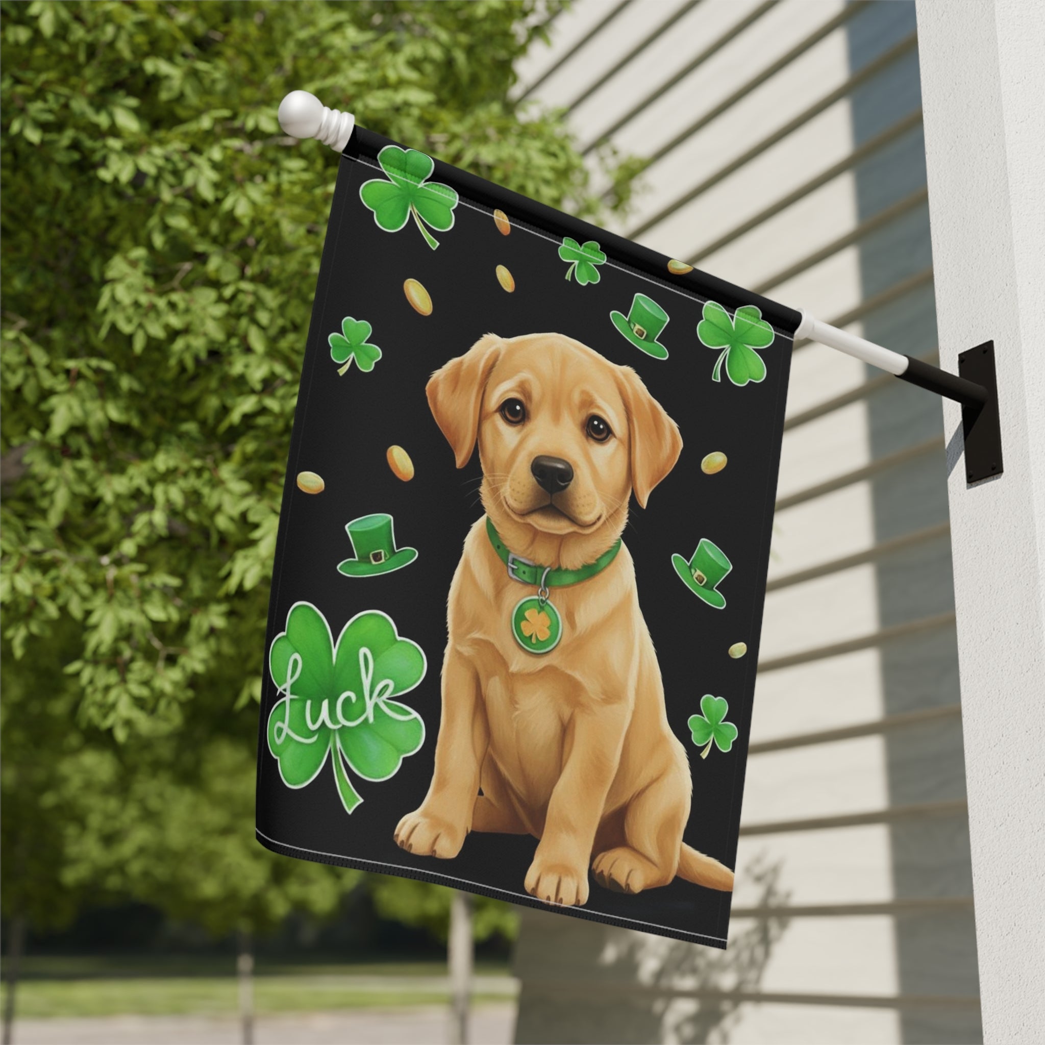 Luck Yellow Labrador Retriever Puppy St. Patrick's Day Garden Flag - close-up detail - Dragonfire Gardens