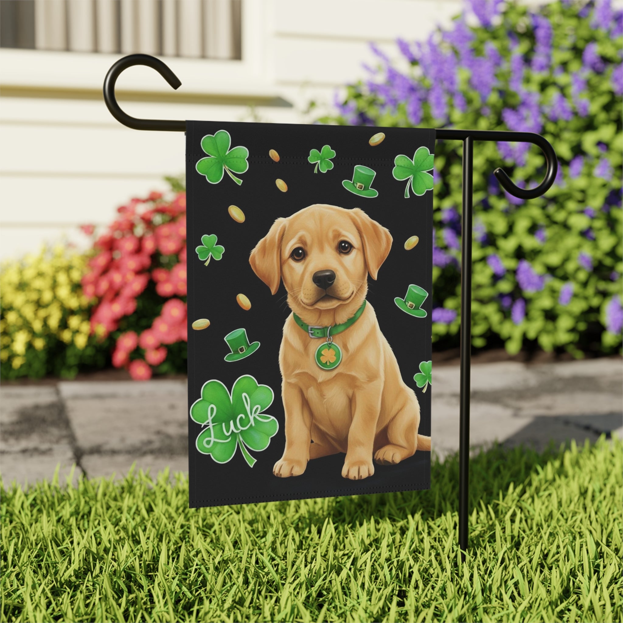 Luck Yellow Labrador Retriever Puppy St. Patrick's Day Garden Flag - outdoor display - Dragonfire Gardens