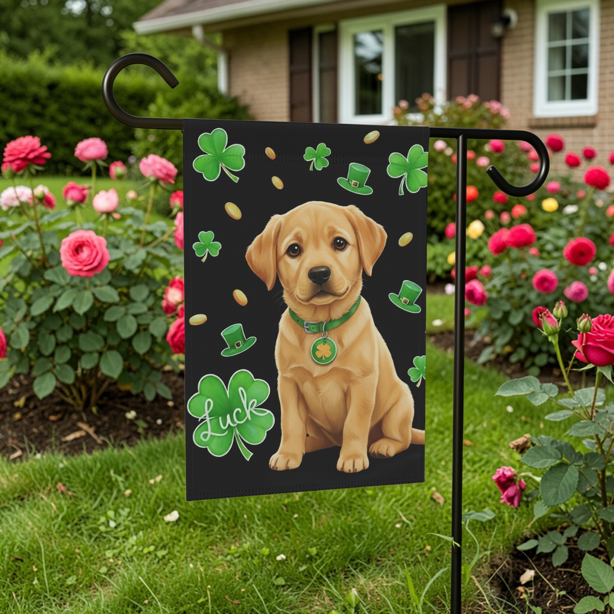 Luck Yellow Labrador Retriever Puppy St. Patrick's Day Garden Flag - front view - Dragonfire Gardens