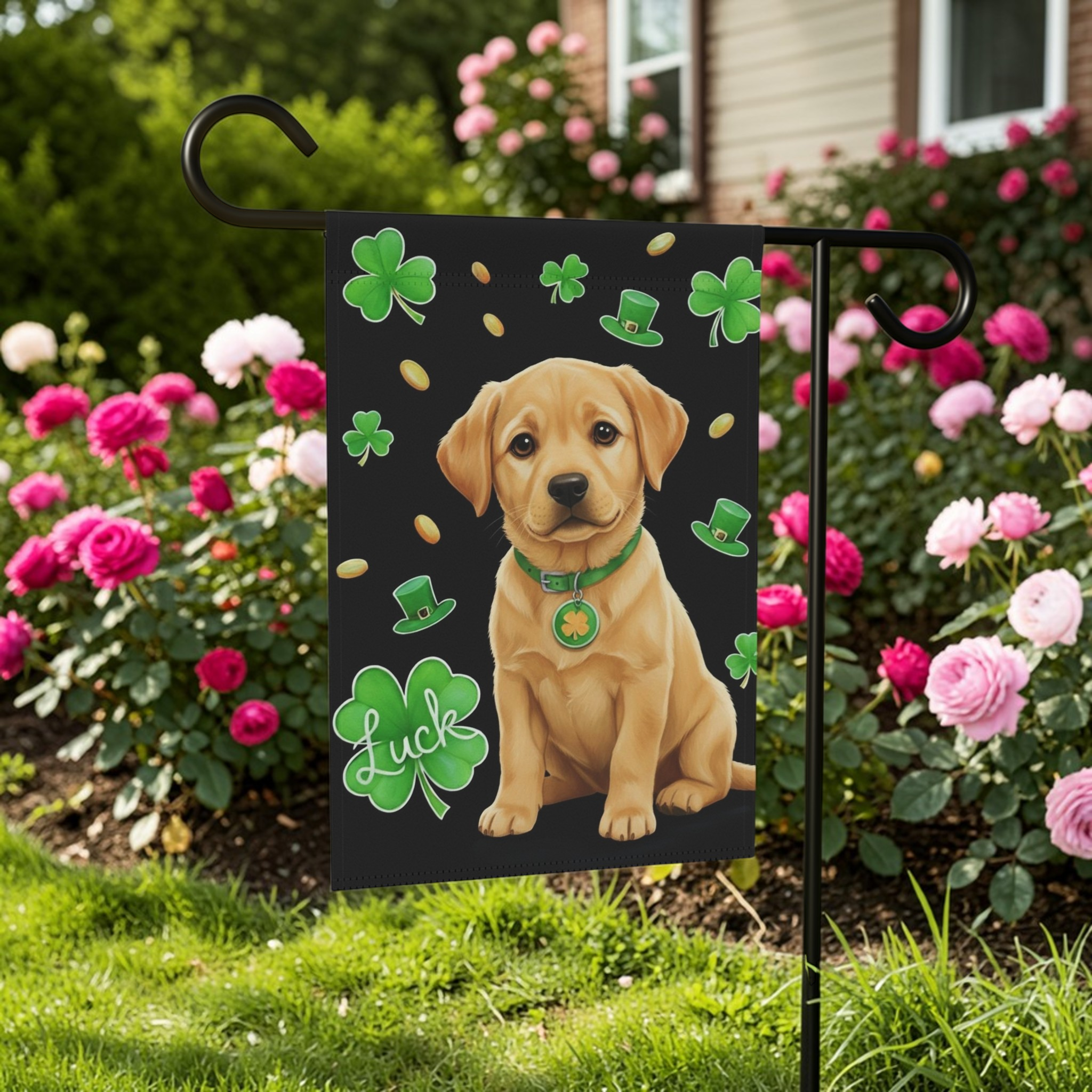 Luck Yellow Labrador Retriever Puppy St. Patrick's Day Garden Flag - size comparison - Dragonfire Gardens