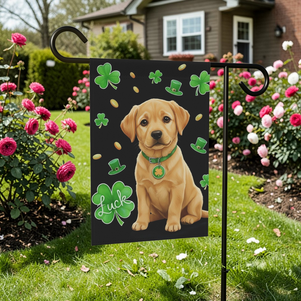 Luck Yellow Labrador Retriever Puppy St. Patrick's Day Garden Flag - lifestyle display - Dragonfire Gardens