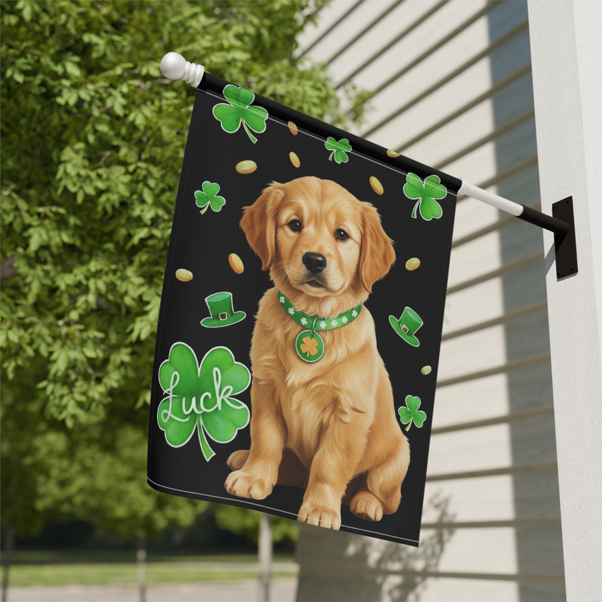 Luck Golden Retriever Puppy St. Patrick's Day Garden Flag - close-up detail - Dragonfire Gardens