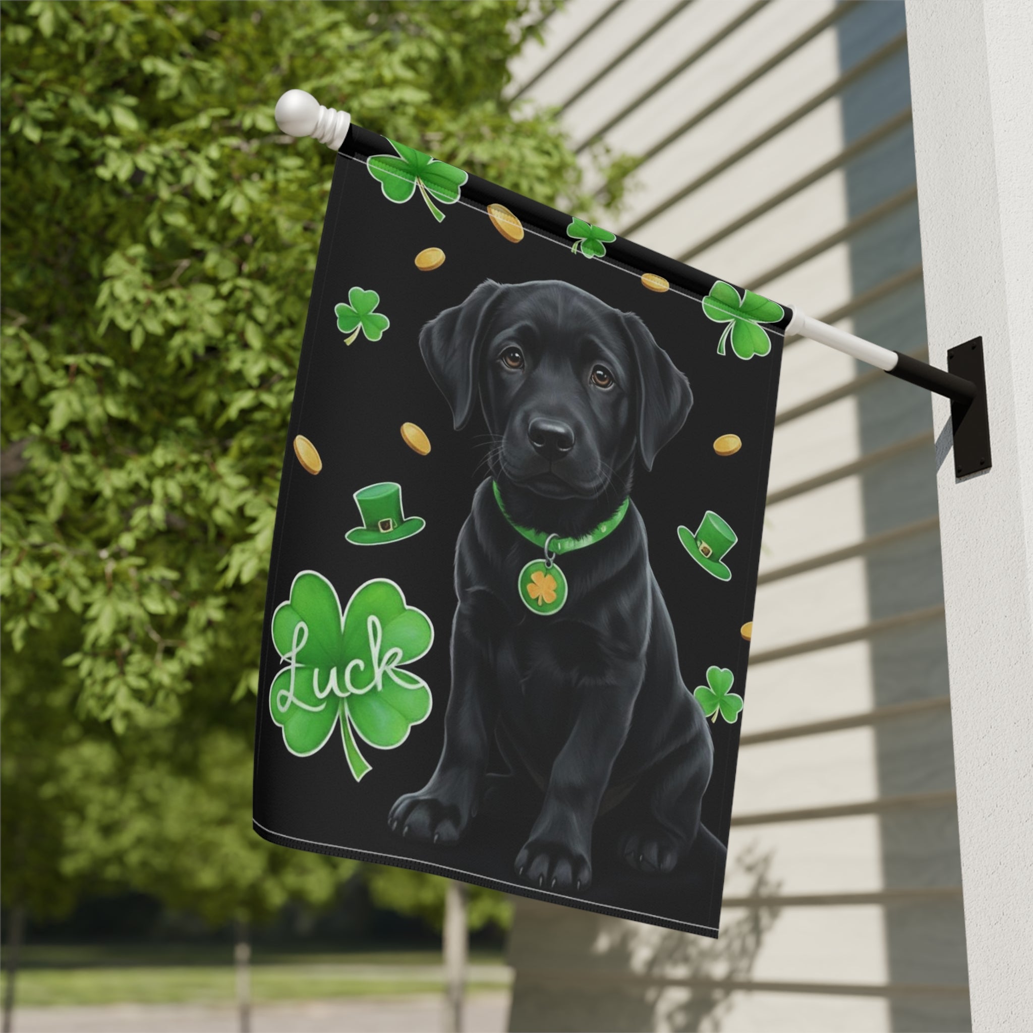 Luck Black Labrador Retriever Puppy St. Patrick's Day Garden Flag - outdoor display - Dragonfire Gardens