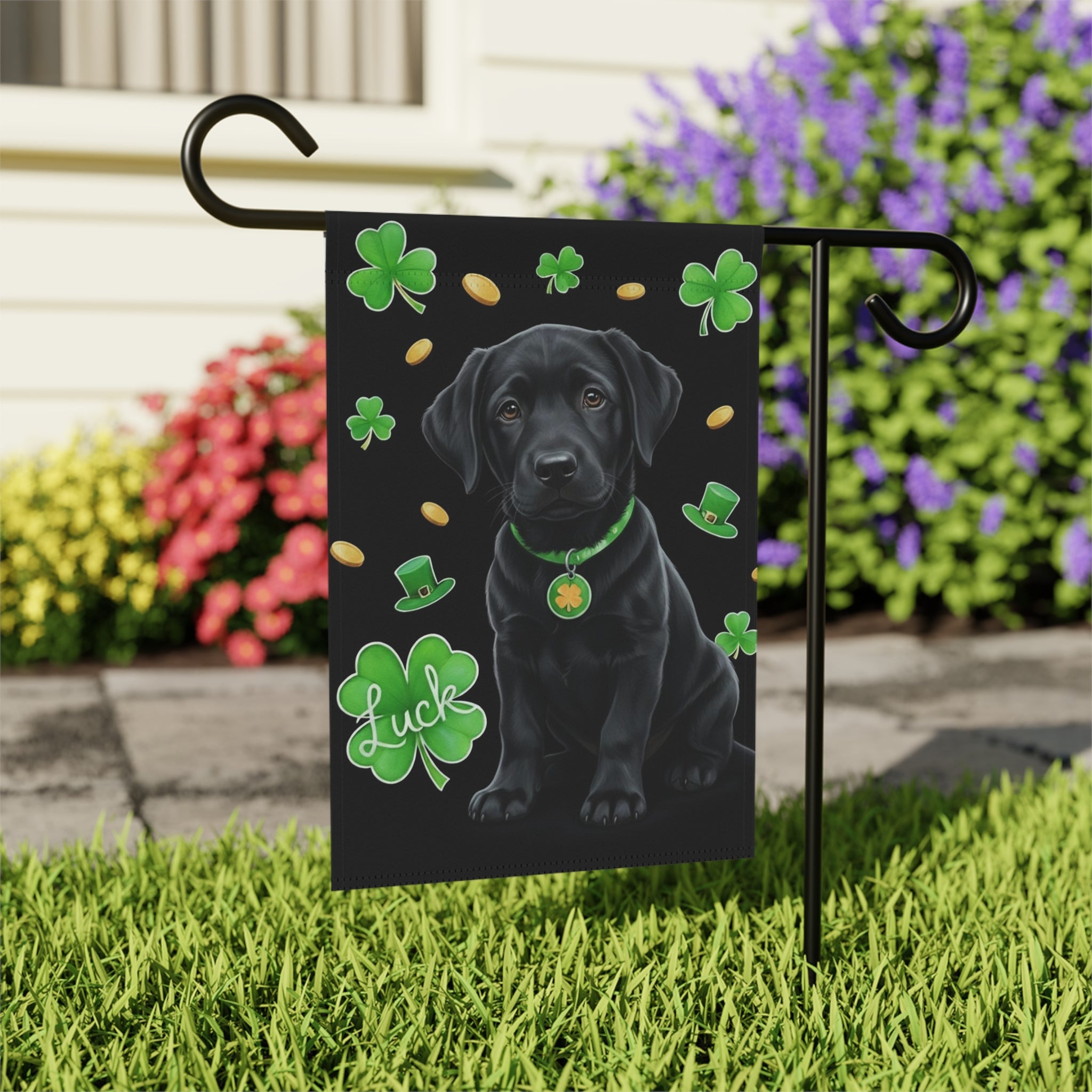 Luck Black Labrador Retriever Puppy St. Patrick's Day Garden Flag - size comparison - Dragonfire Gardens