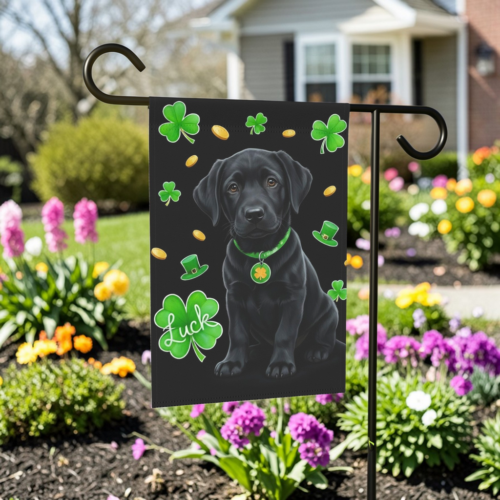Luck Black Labrador Retriever Puppy St. Patrick's Day Garden Flag - lifestyle display - Dragonfire Gardens