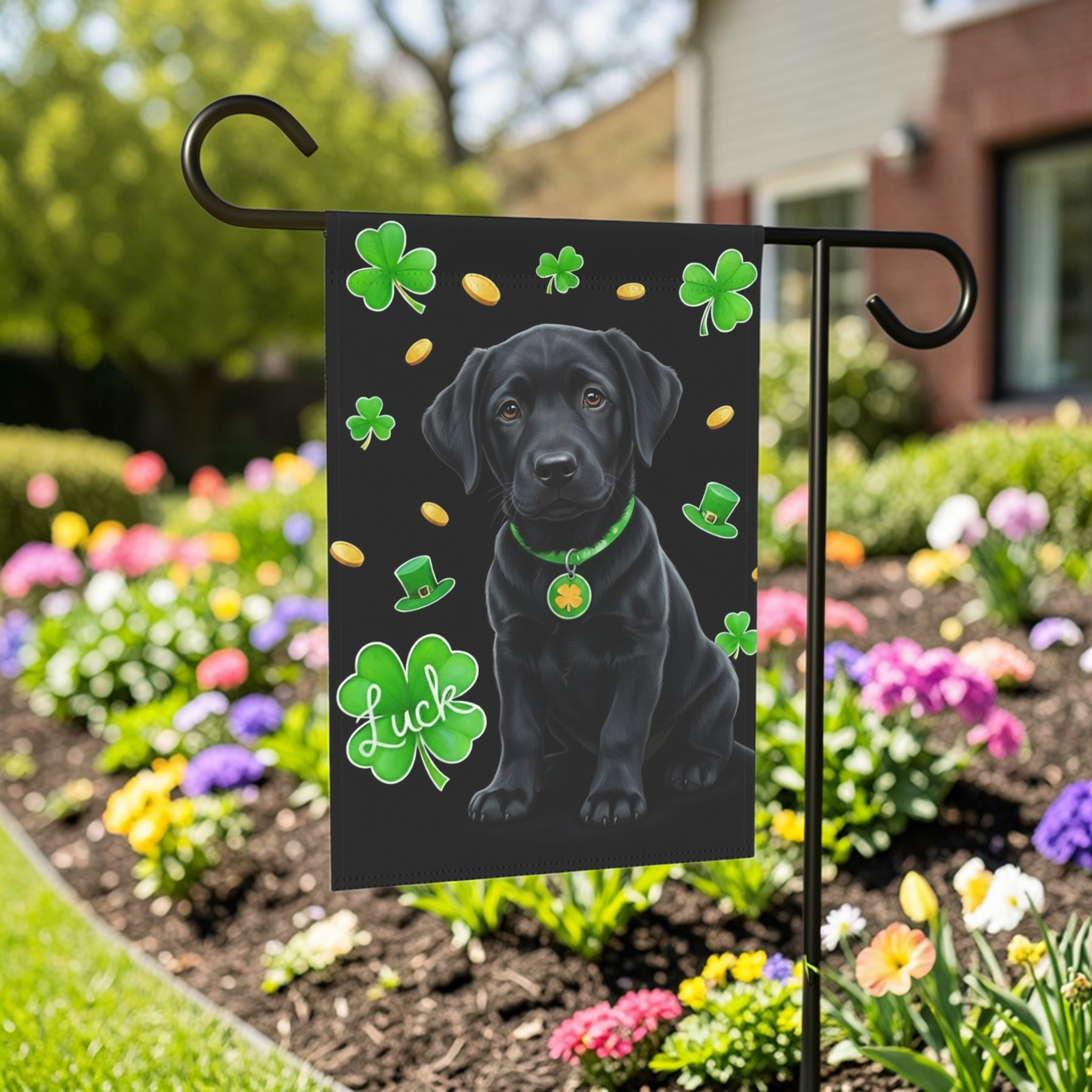 Luck Black Labrador Retriever Puppy St. Patrick's Day Garden Flag - close-up detail - Dragonfire Gardens